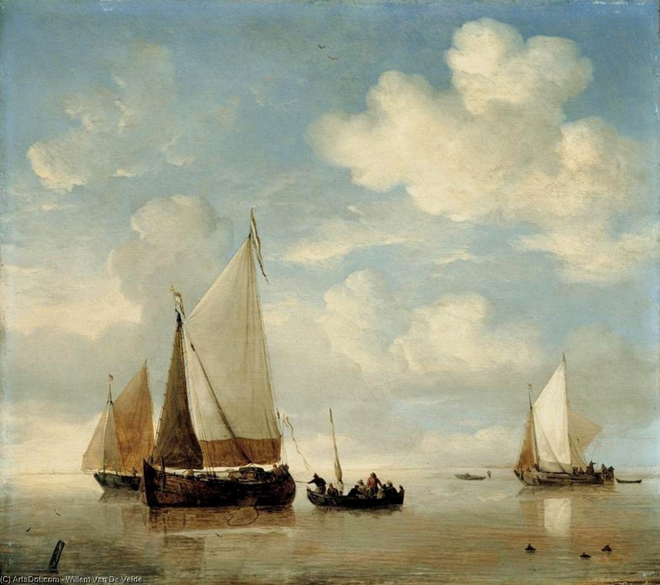 Order Oil Painting Replica Calm - Dutch Smalschips and a Rowing Boat, 1662 by Willem Van De Velde The Elder | ArtsDot.com