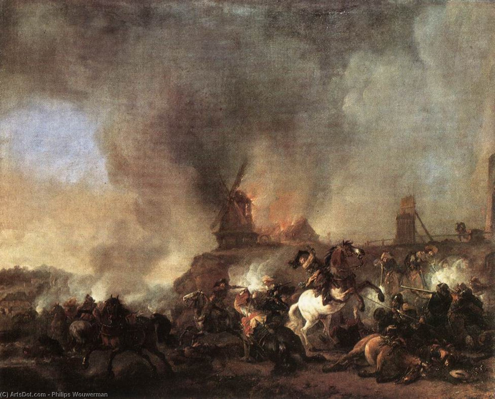 Order Oil Painting Replica Cavalry Battle in front of a Burning Mill, 1660 by Philips Wouwerman (1619-1668, Netherlands) | ArtsDot.com