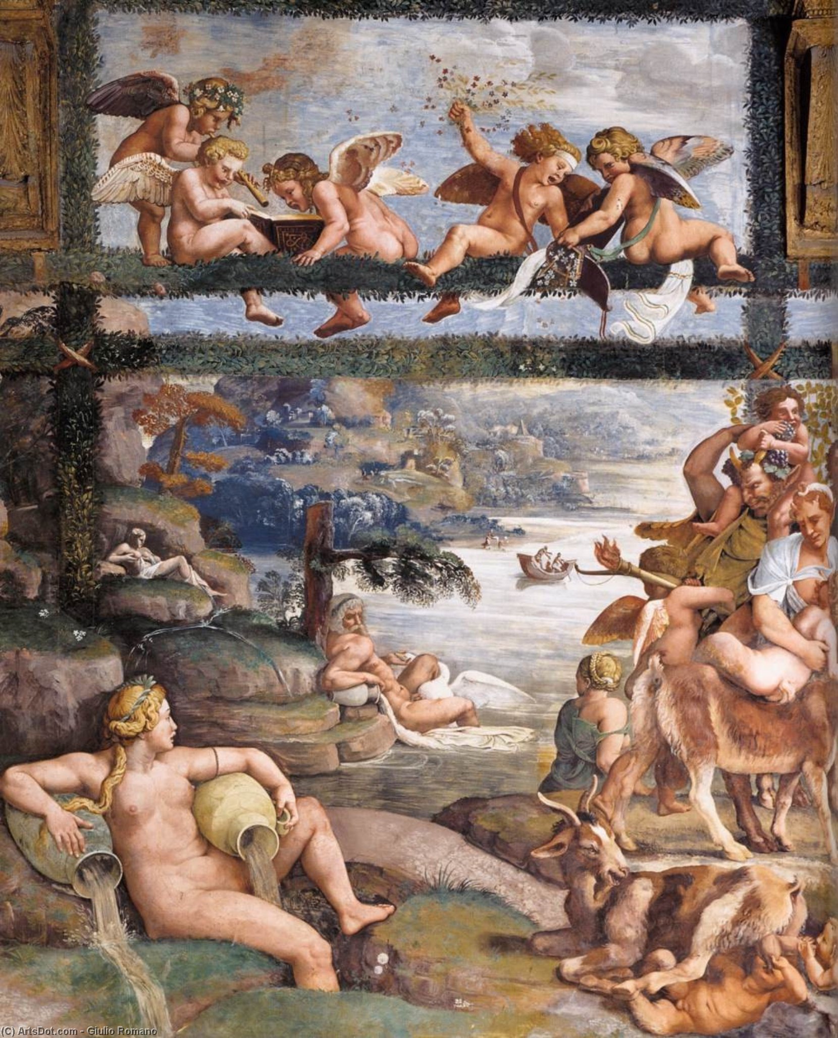 Buy Museum Art Reproductions River Landscape with Springs, 1526 by Giulio Romano (1499-1546, Italy) | ArtsDot.com