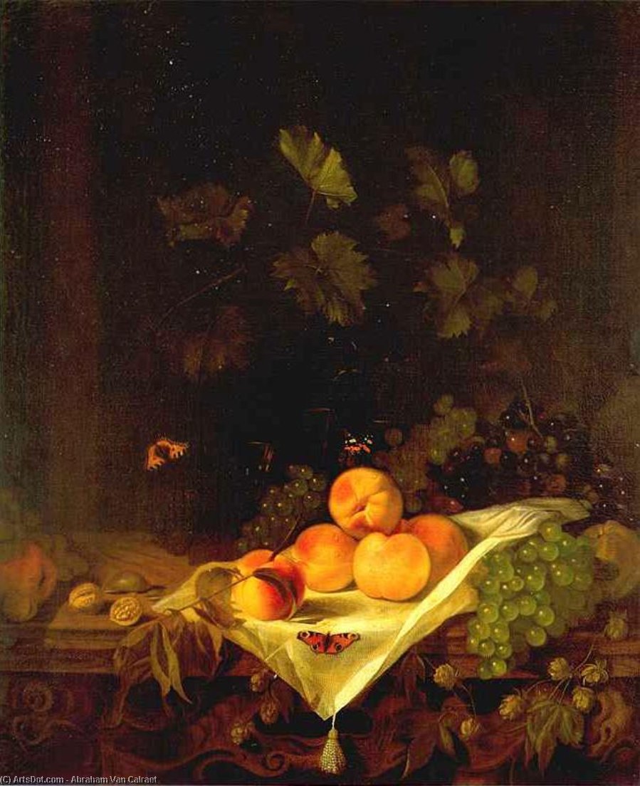 Order Art Reproductions Still-life with Peaches and Grapes, 1680 by Abraham Pietersz Van Calraet (1642-1722) | ArtsDot.com