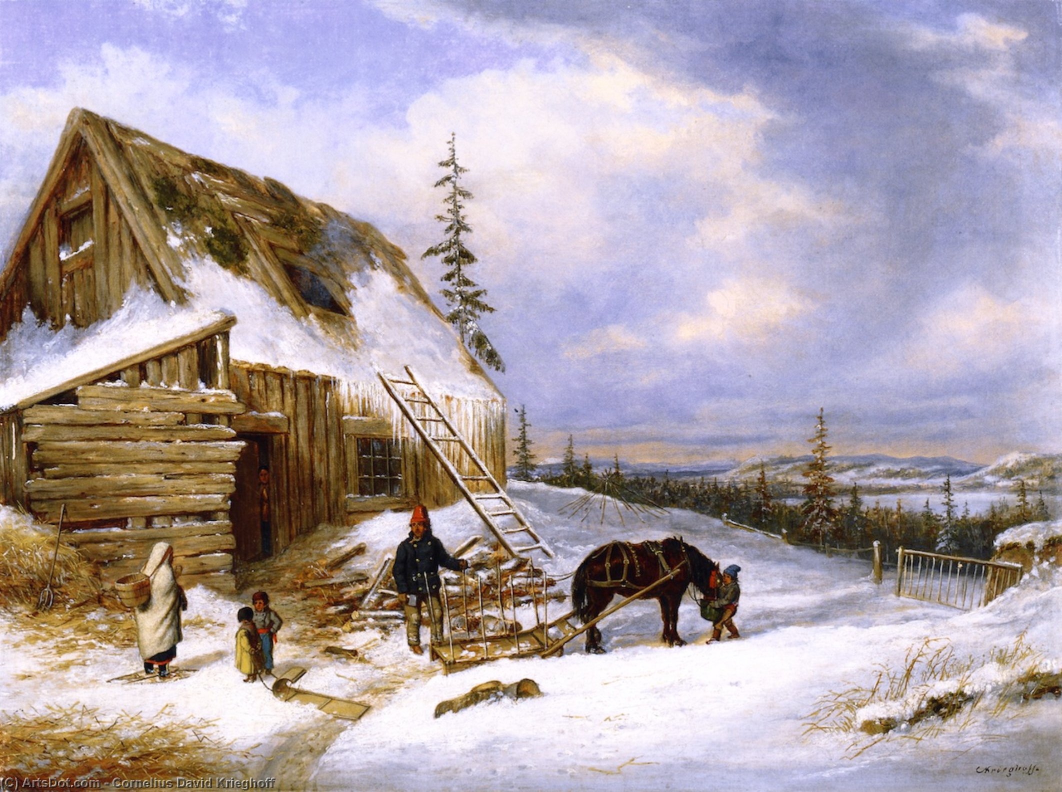 Order Artwork Replica Log Cabin, Winter Scene, Lake St. Charles, 1862 by Cornelius David Krieghoff (1815-1872, Netherlands) | ArtsDot.com