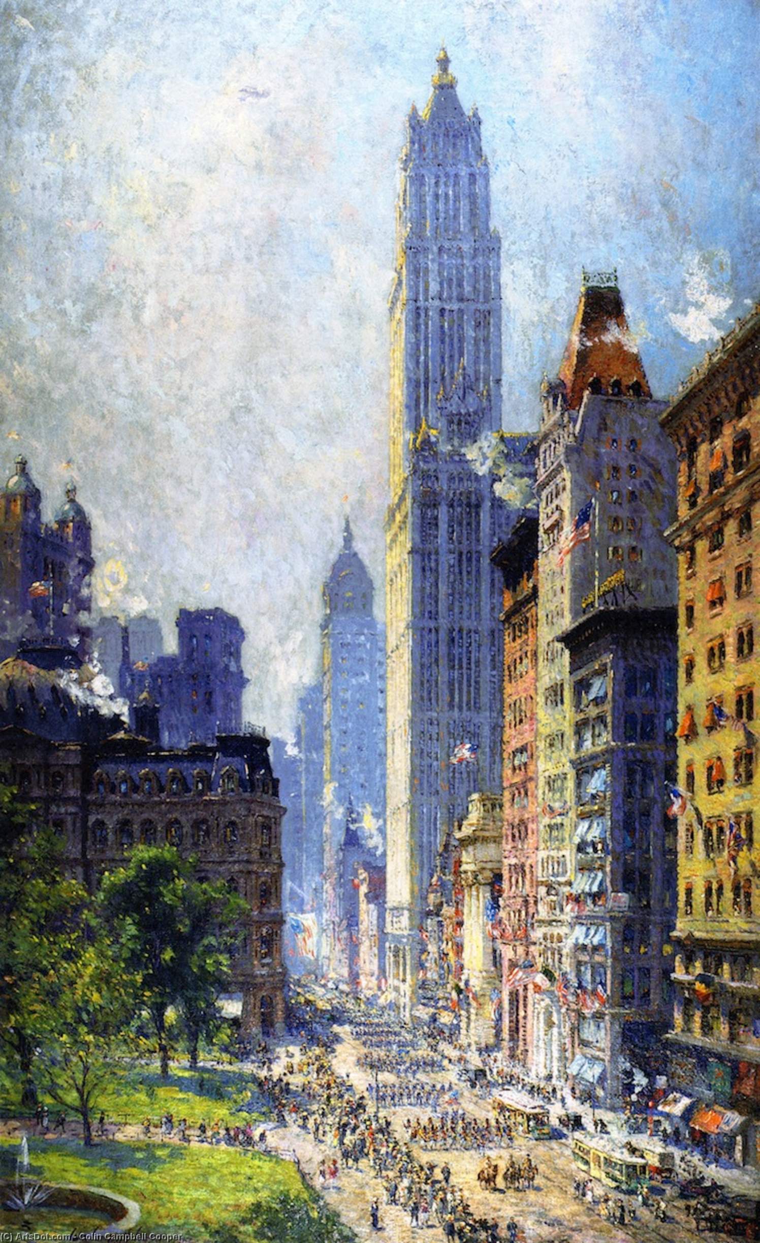 Order Oil Painting Replica Lower Broadway in Wartime, 1917 by Colin Campbell Cooper (1856-1937, United States) | ArtsDot.com