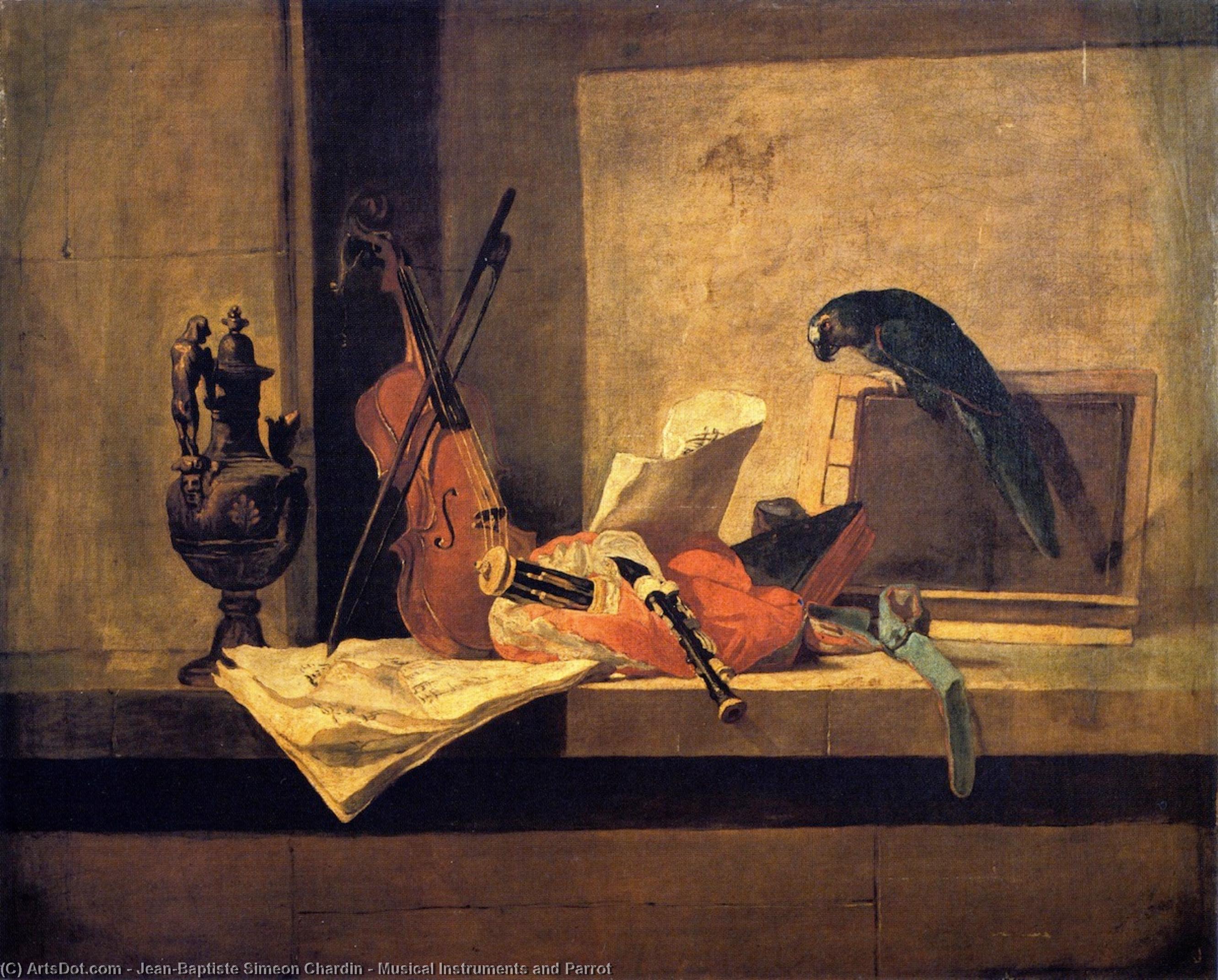Buy Museum Art Reproductions Musical Instruments and Parrot, 1732 by Jean-Baptiste Simeon Chardin (1699-1779, France) | ArtsDot.com