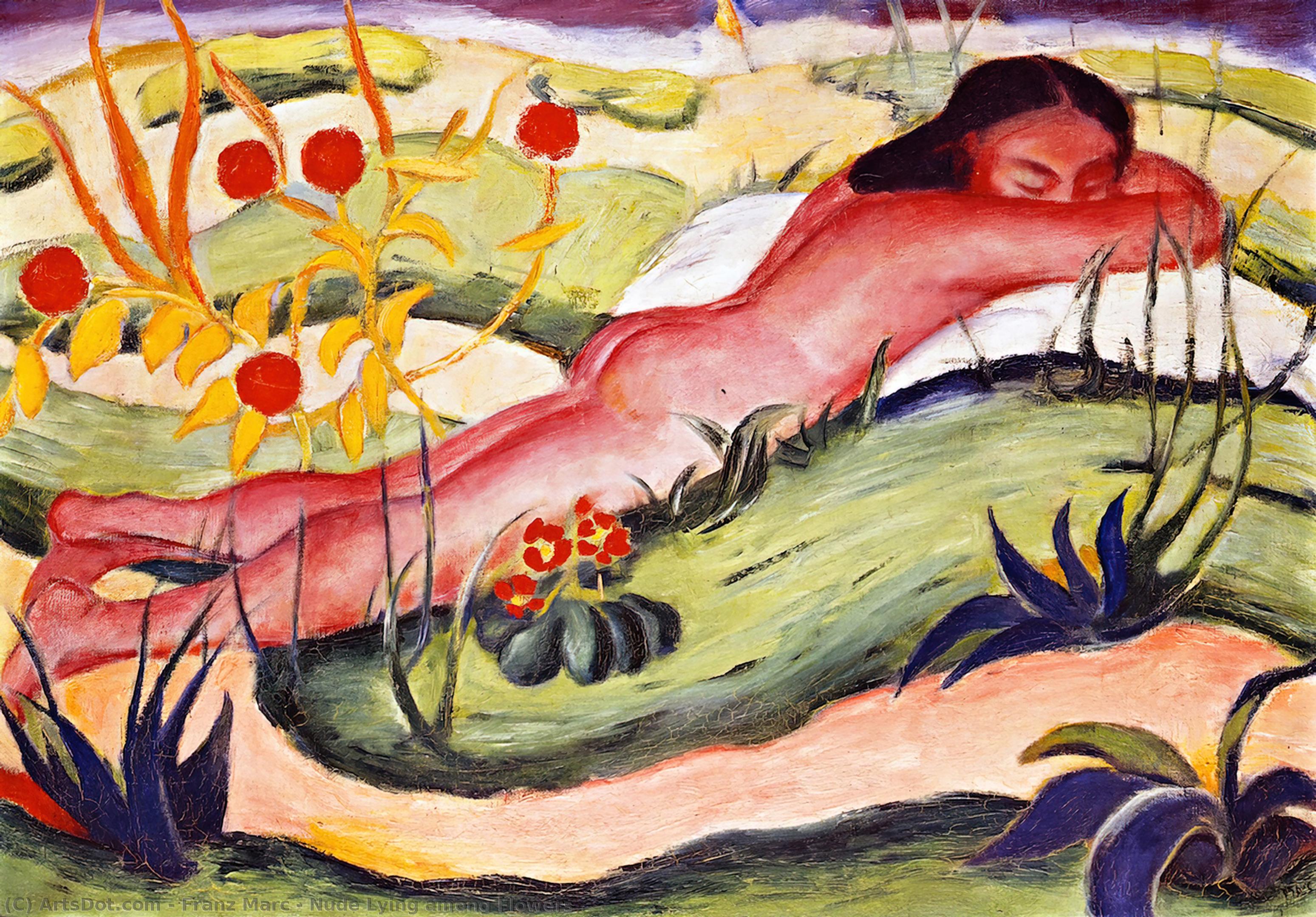 Order Art Reproductions Nude Lying among Flowers, 1910 by Franz Marc (1880-1916, Germany) | ArtsDot.com