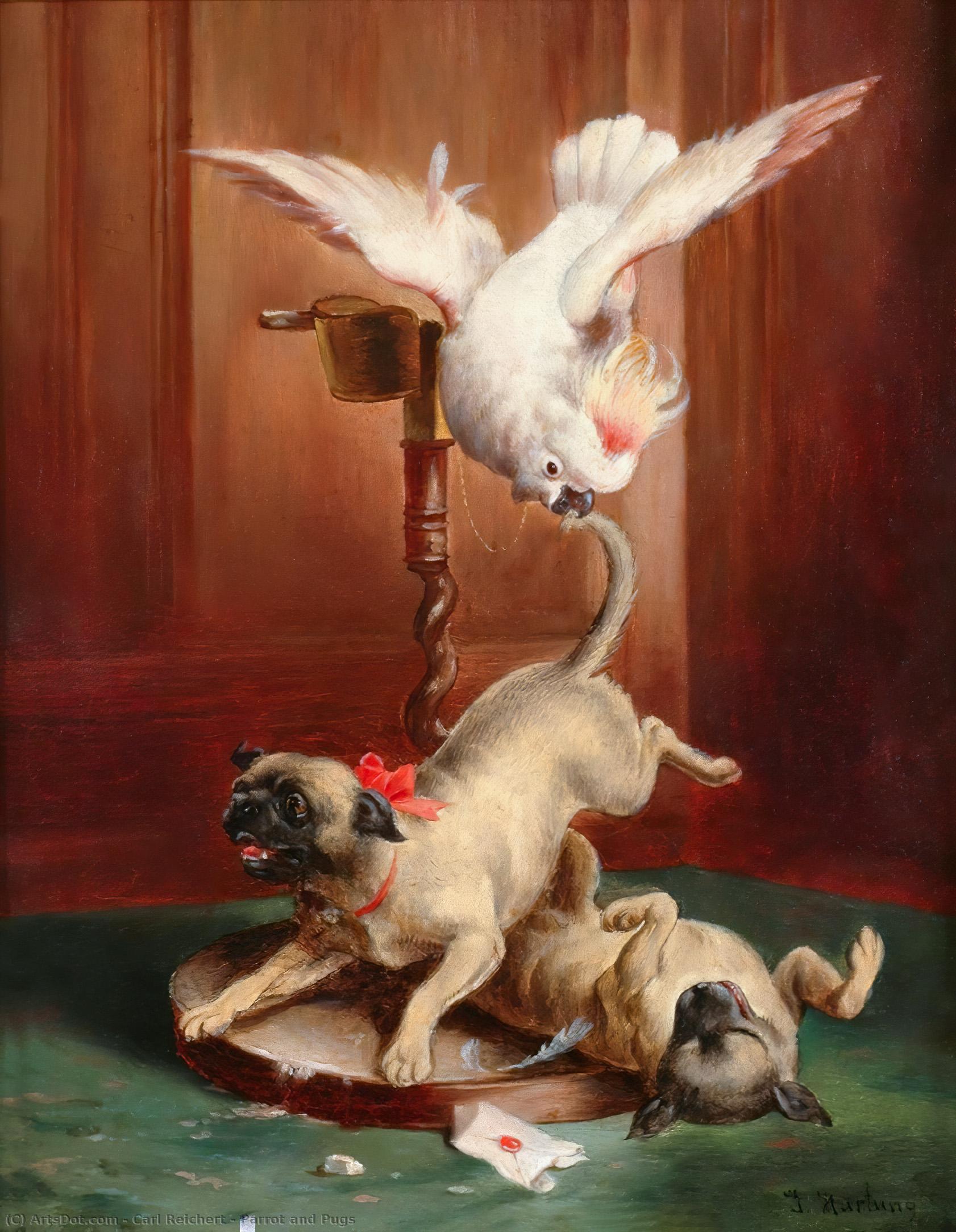 Order Oil Painting Replica Parrot and Pugs by Carl Reichert (1836-1918, Germany) | ArtsDot.com