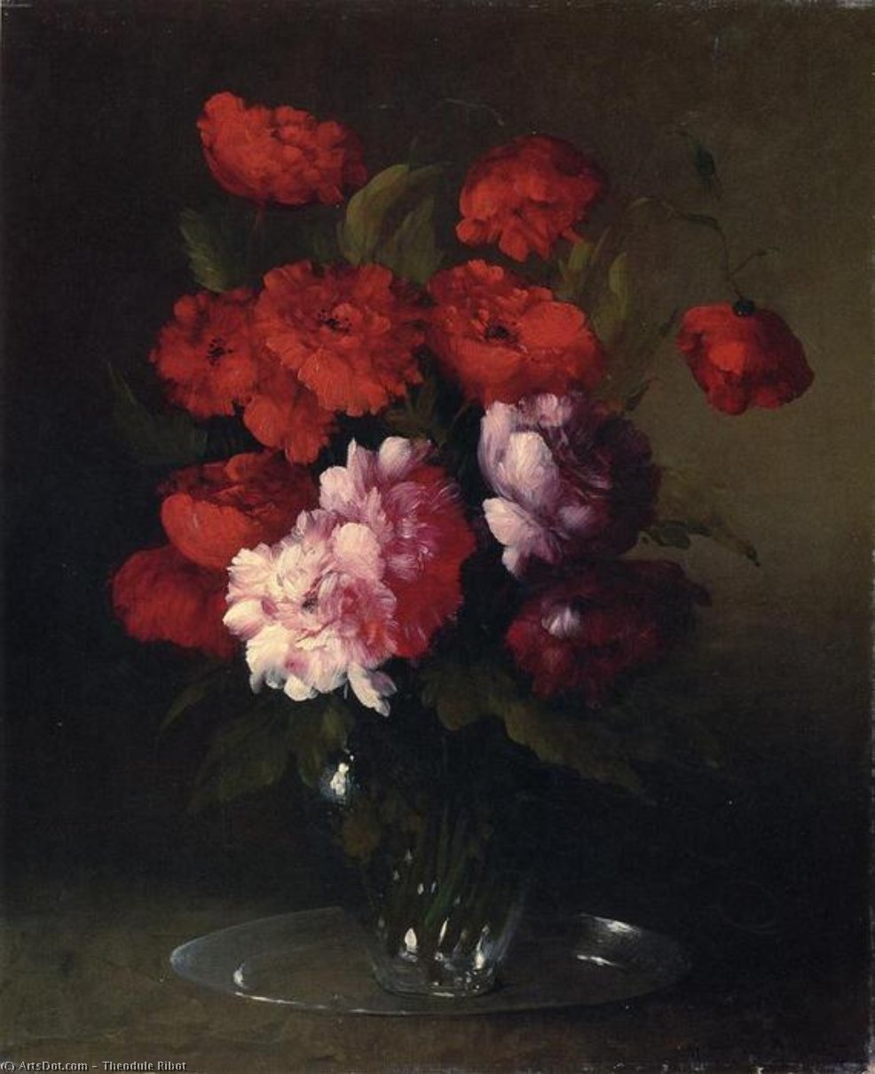 Order Oil Painting Replica Peonies and Poppies in a Glass Vase by Théodule Augustin Ribot | ArtsDot.com
