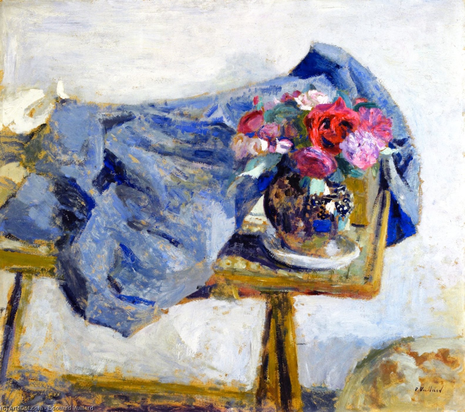 Order Oil Painting Replica Red Roses and a Cloth on a Table, 1900 by Jean Edouard Vuillard (1868-1940, France) | ArtsDot.com