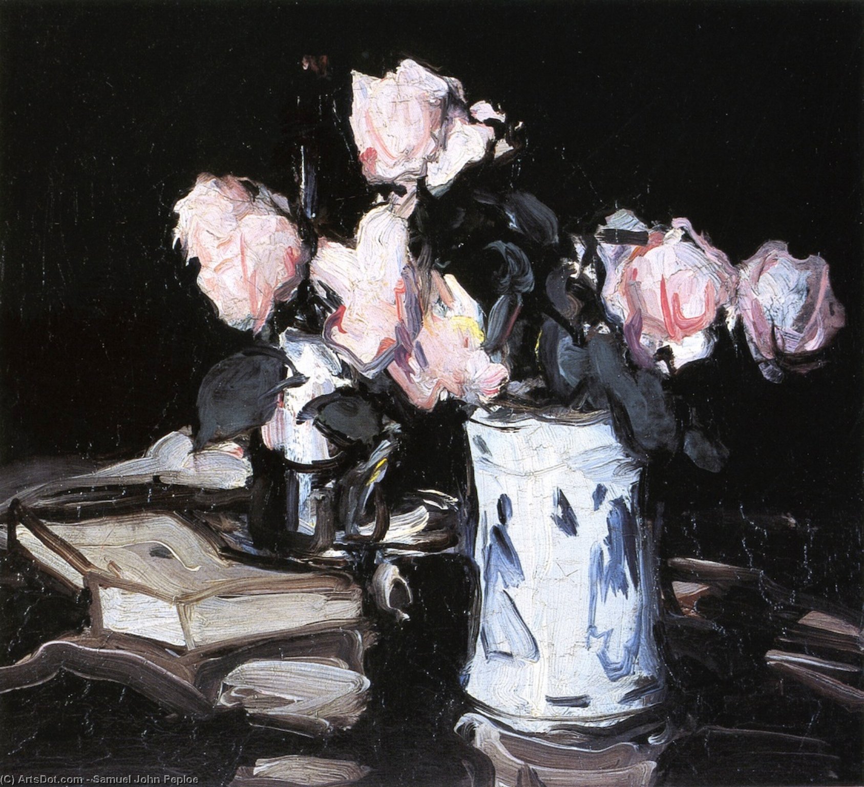 Order Oil Painting Replica Roses in a Blue and White Vase, Black Background, 1904 by Samuel John Peploe (1871-1935, United Kingdom) | ArtsDot.com