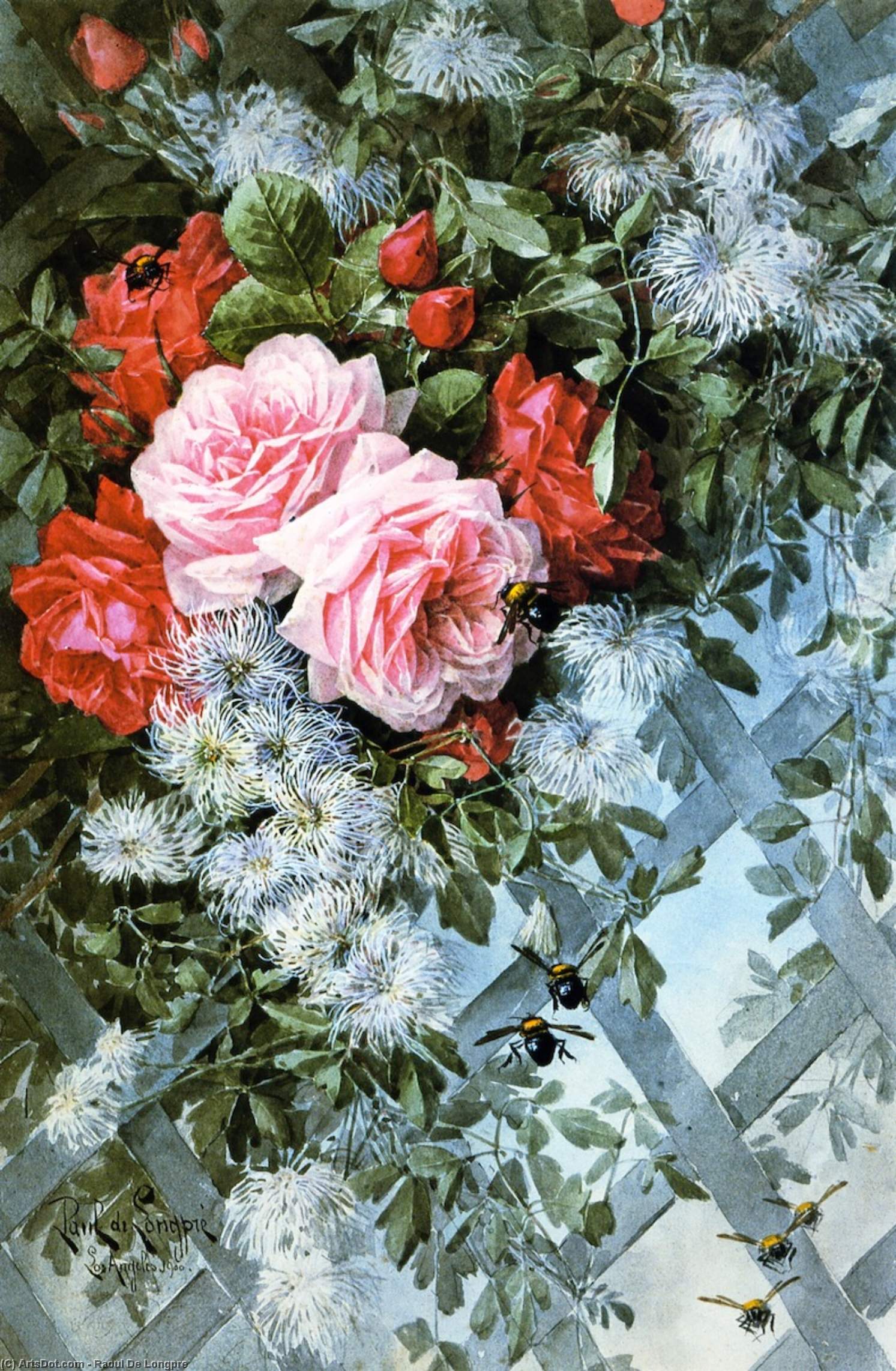 Order Artwork Replica Roses La France and Jack Roses with Clematis, 1900 by Raoul De Longpre (1859-1911, France) | ArtsDot.com