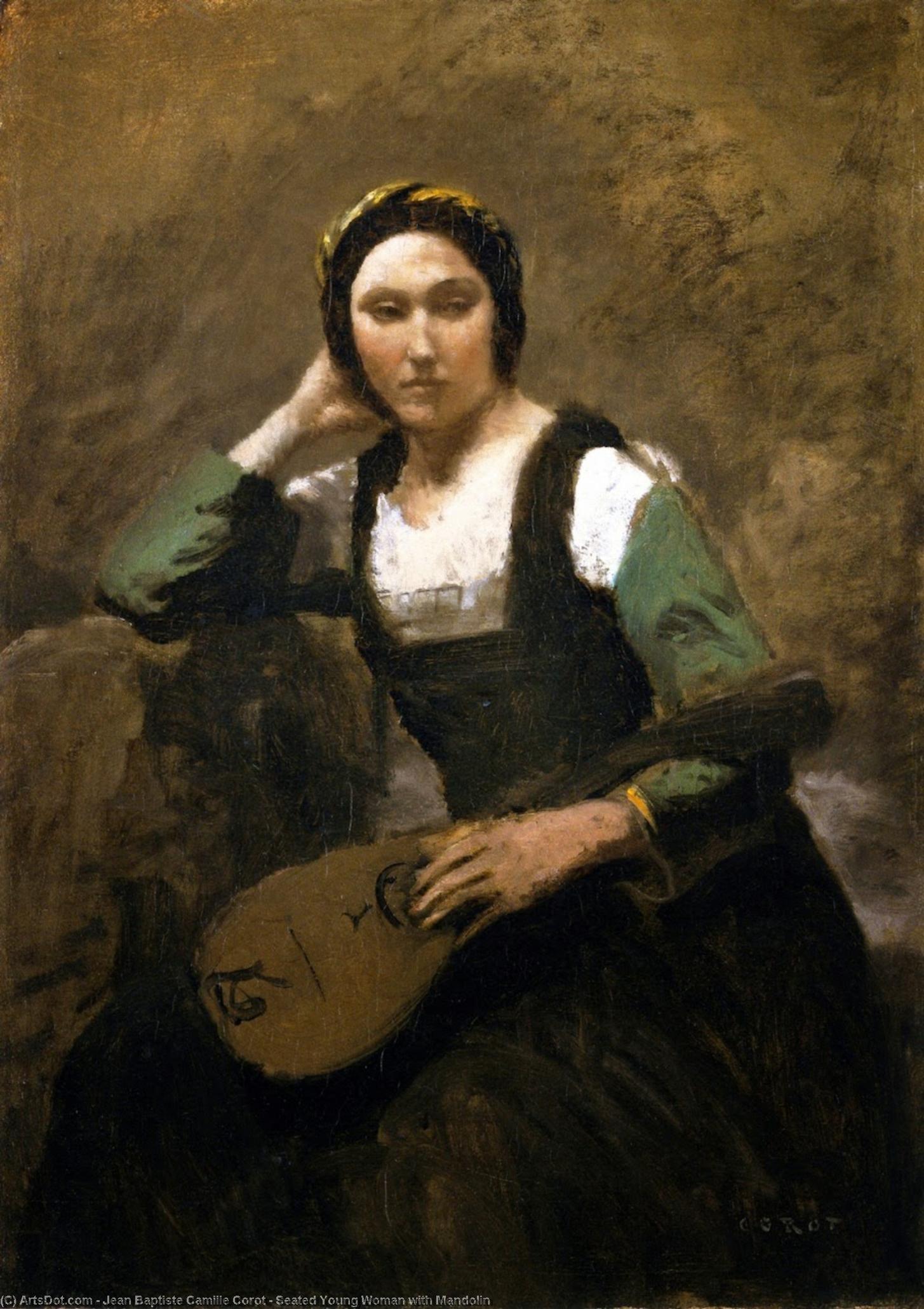 Order Paintings Reproductions Seated Young Woman with Mandolin, 1860 by Jean Baptiste Camille Corot (1796-1875, France) | ArtsDot.com