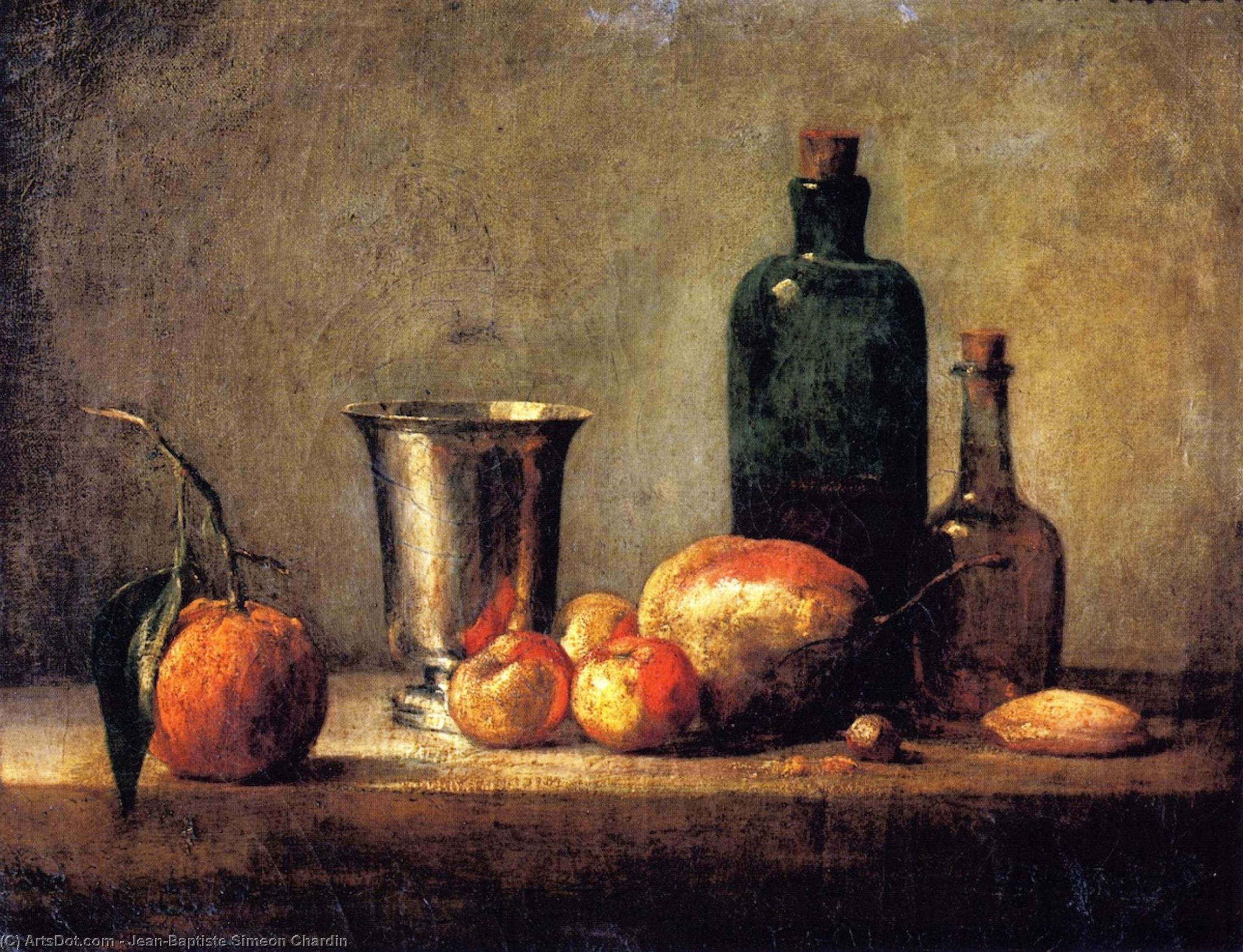 Order Oil Painting Replica Seville Orange, Silver Goblet, Apples, Pear and Two Bottles, 1750 by Jean-Baptiste Simeon Chardin (1699-1779, France) | ArtsDot.com