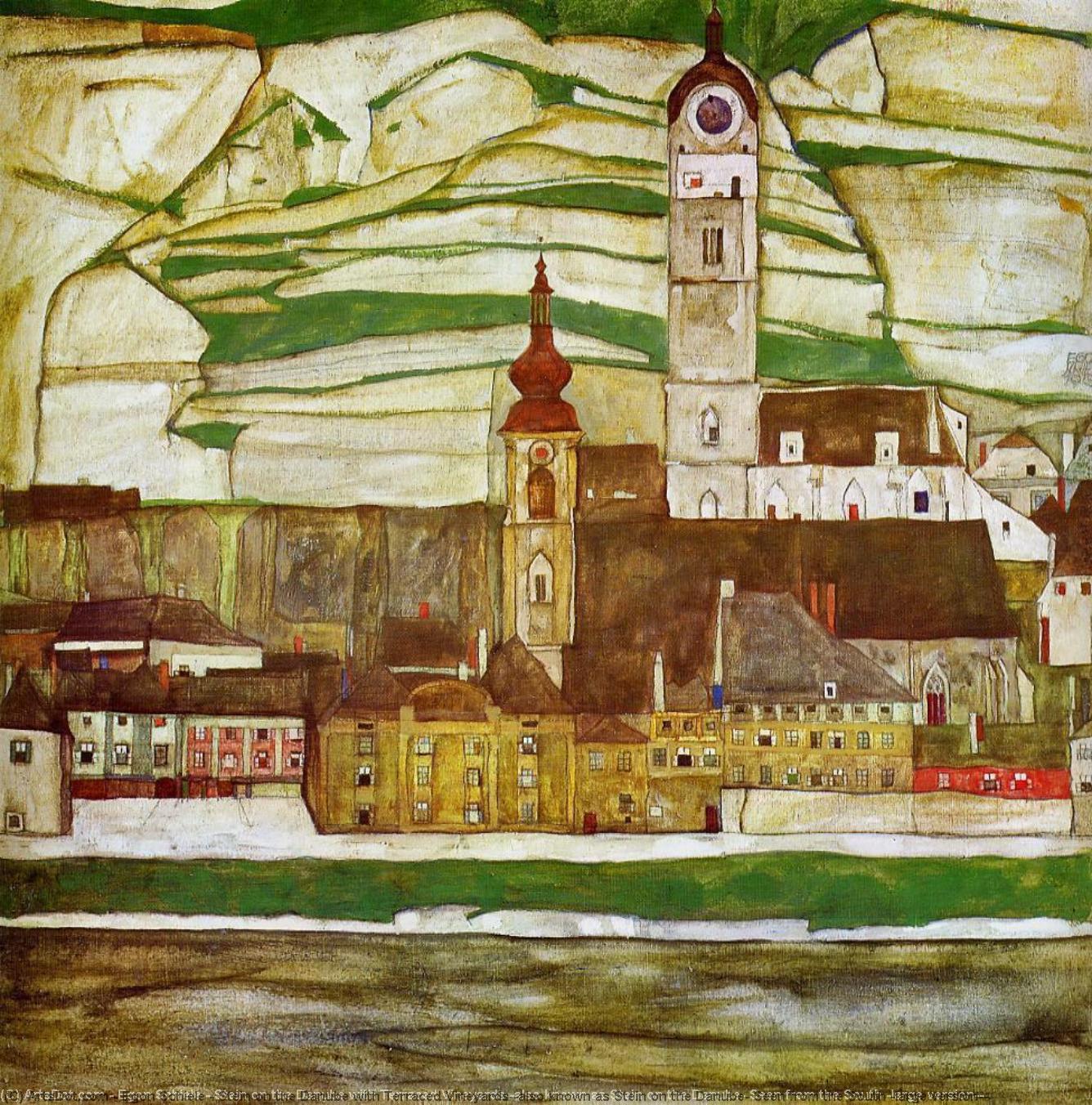 Order Oil Painting Replica Stein on the Danube with Terraced Vineyards (also known as Stein on the Danube, Seen from the South (large version)), 1913 by Egon Schiele (1890-1918, Croatia) | ArtsDot.com