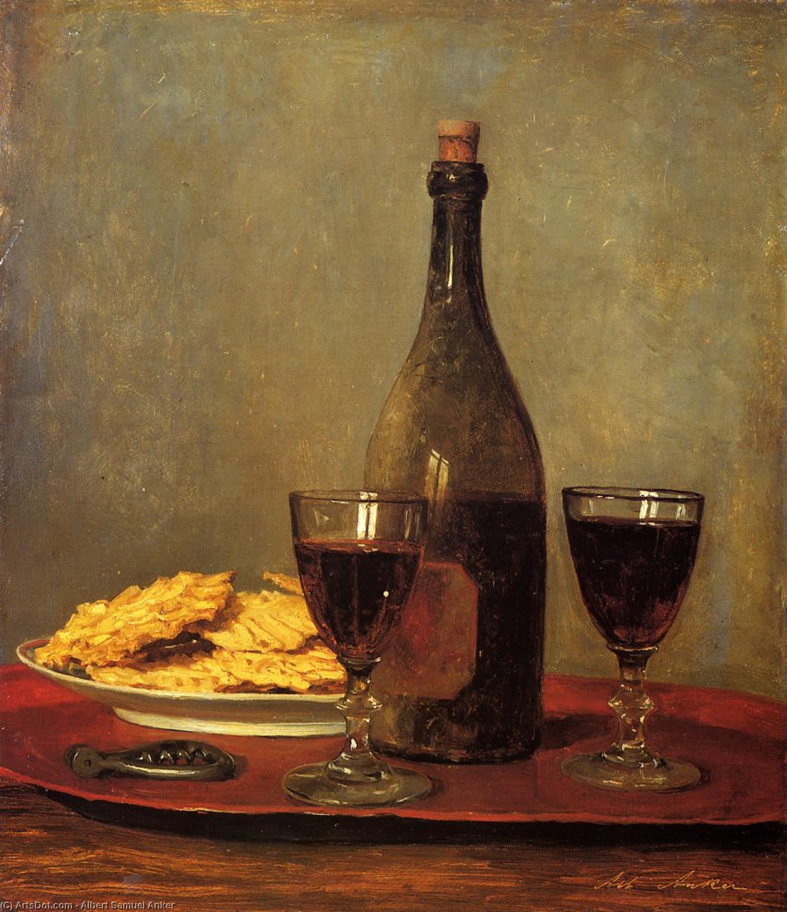 Order Paintings Reproductions Still Life: Two Glass of Red Wine, a Bottle of Wine, a Corkscrew and a Plate of Biscuits on a Tray by Albert Samuel Anker (1831-1910, Switzerland) | ArtsDot.com