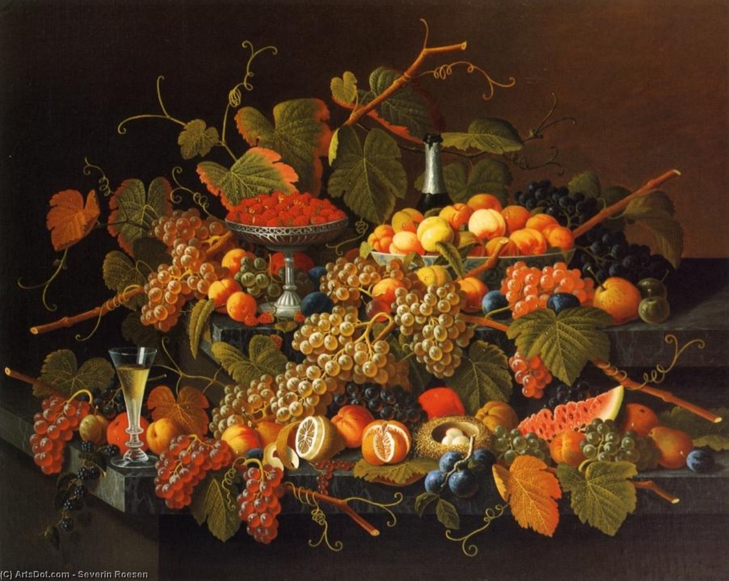 Order Oil Painting Replica Still Life with Fruit and Champagne, 1865 by Severin Roesen (1815-1872, Germany) | ArtsDot.com