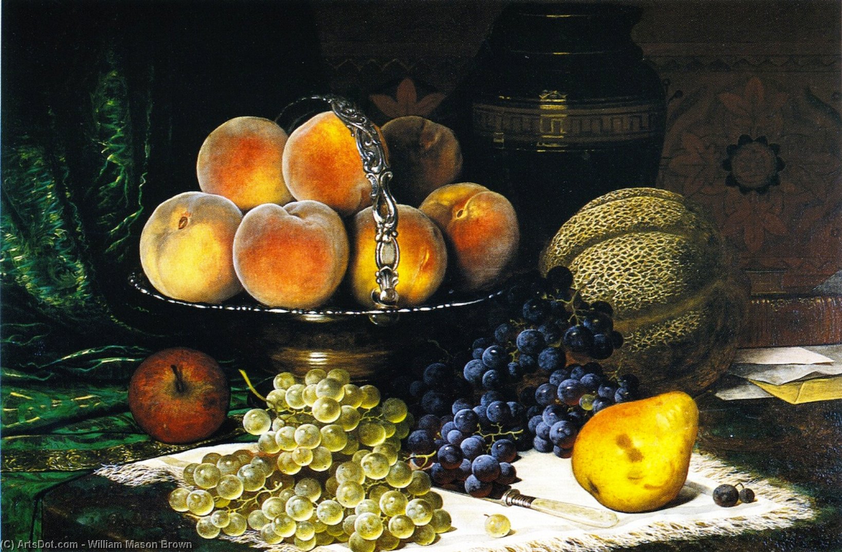 Order Paintings Reproductions Still LIfe with Melon, Peaches, Books and Letrers by William Mason Brown (1828-1898, United States) | ArtsDot.com