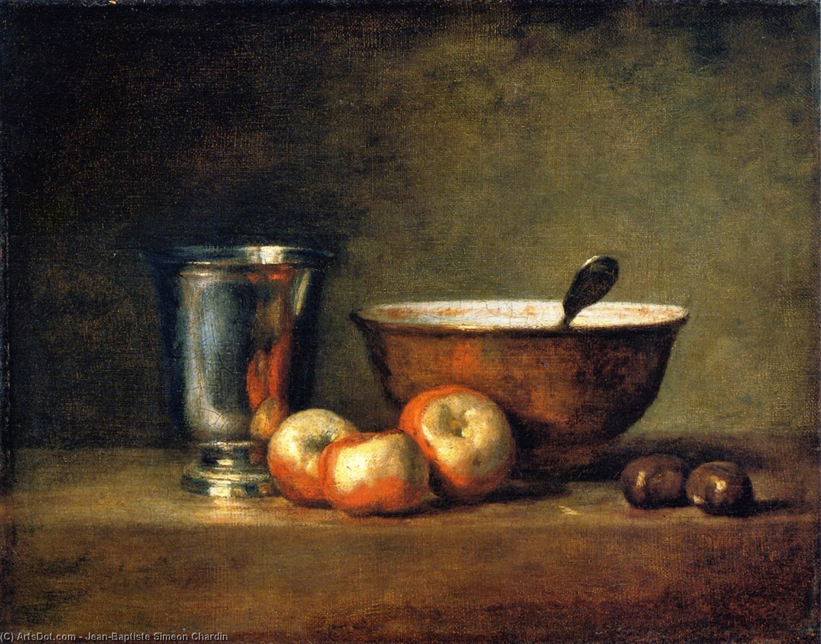 Order Paintings Reproductions Three Apples, Two Chestnuts, Bowl and Silver Goblet (also known as The Silver Goblet), 1768 by Jean-Baptiste Simeon Chardin (1699-1779, France) | ArtsDot.com