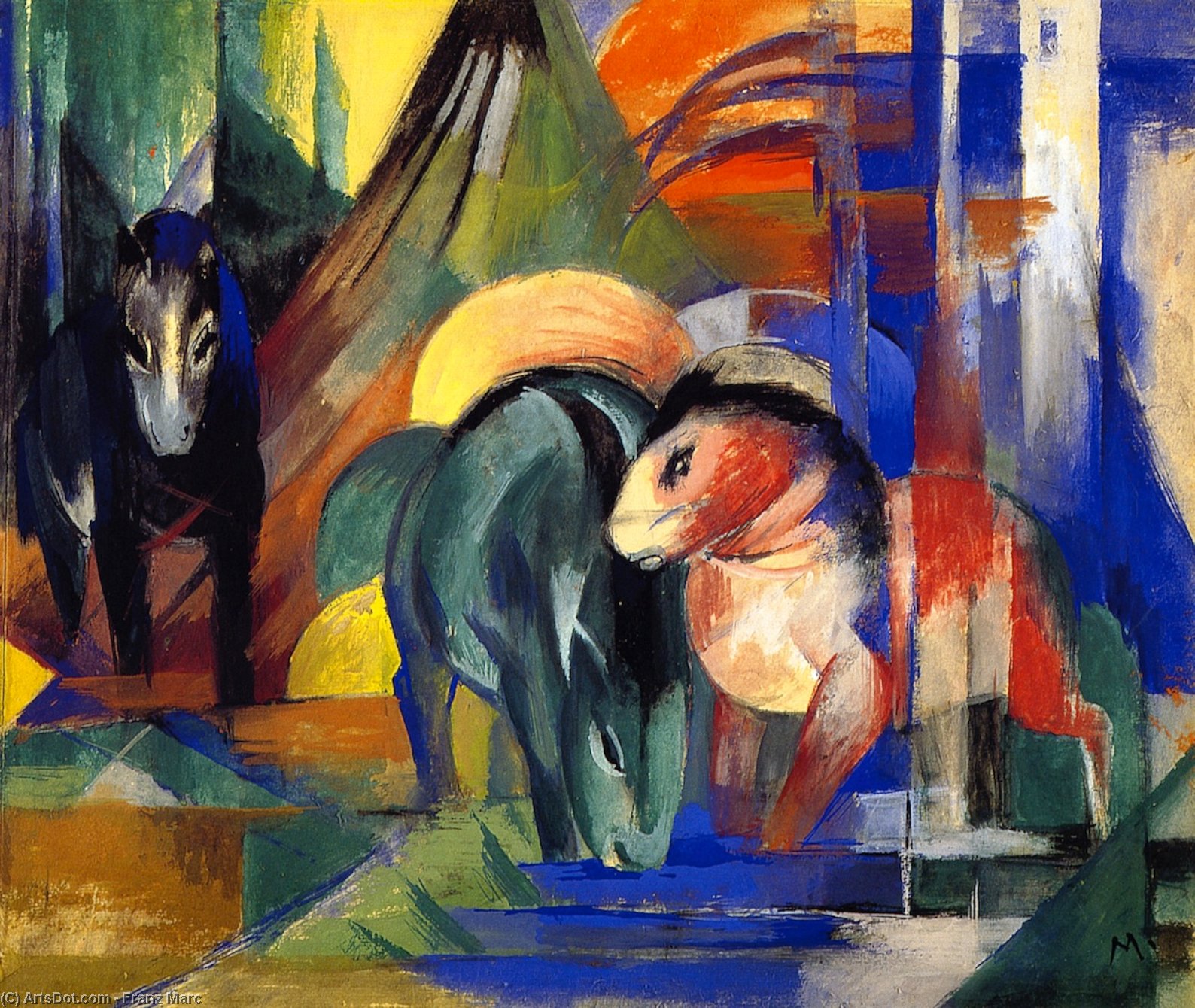 Order Paintings Reproductions Three Horses at the Watering Place (also known as Three Horses at a Watering Place in the Woods), 1913 by Franz Marc (1880-1916, Germany) | ArtsDot.com