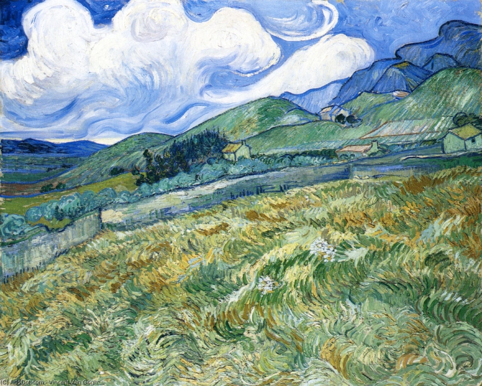 Order Art Reproductions Wheatfield with Mountains in the Background (also known as Mountain Landscape Seen across the Walls), 1889 by Vincent Van Gogh (1853-1890, Netherlands) | ArtsDot.com