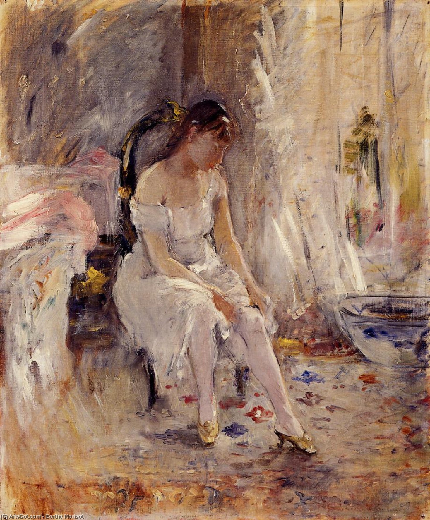 Order Oil Painting Replica Woman Getting Dressed (also known as Young Woman Fastening Her Stockings), 1880 by Berthe Morisot (1841-1895, France) | ArtsDot.com