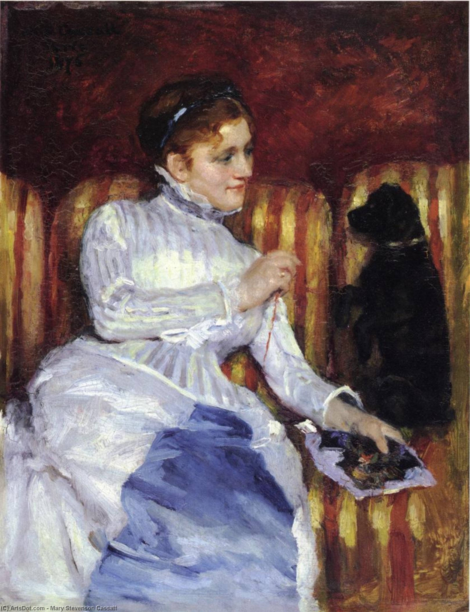 Buy Museum Art Reproductions Woman on a Striped with a Dog (also known as Young Woman on a Striped Sofa with Her Dog), 1875 by Mary Stevenson Cassatt (1843-1926, United States) | ArtsDot.com