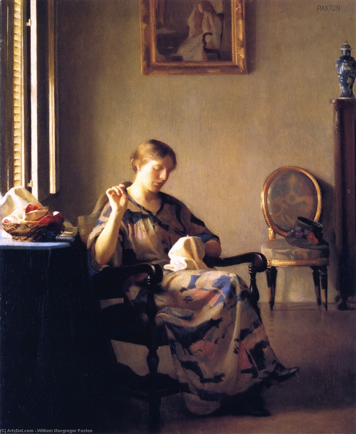 Order Oil Painting Replica Woman Sewing, 1919 by William Macgregor Paxton (1869-1941, United States) | ArtsDot.com