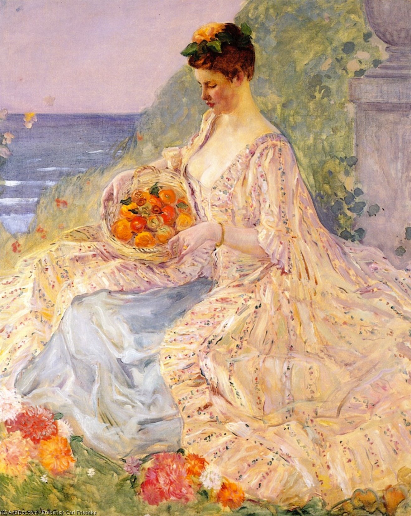 Order Oil Painting Replica Woman with a Flower Basket, 1904 by Frederick Carl Frieseke (1874-1939, United States) | ArtsDot.com