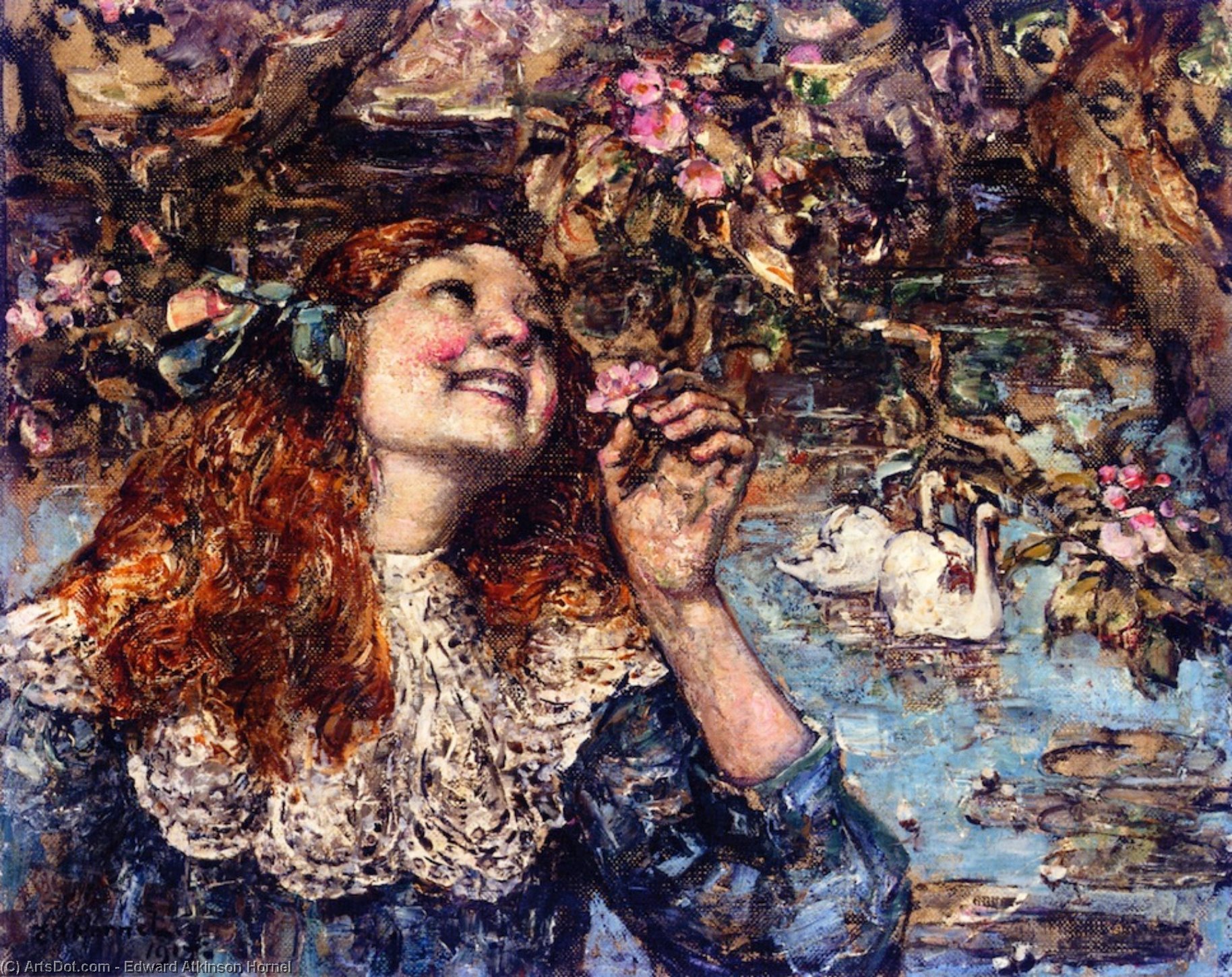 Order Art Reproductions A Young Girl with Swans, 1917 by Edward Atkinson Hornel (1864-1933, Australia) | ArtsDot.com