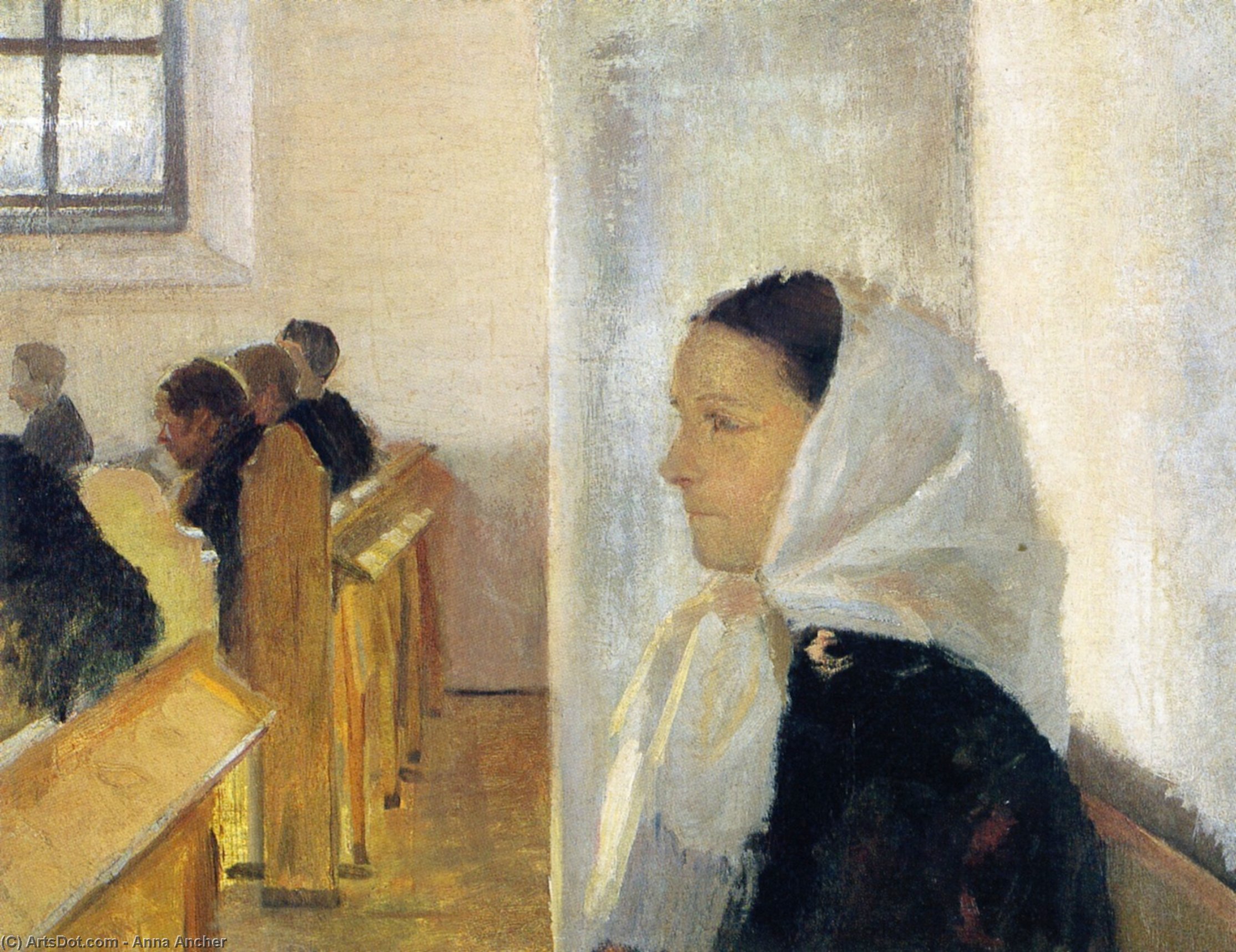 Ordinare Riproduzioni Di Quadri Giovane ragazza con sciarpa bianca nella chiesa di Skagen, 1890 di Anna Kirstine Ancher (1859-1935, Denmark) | ArtsDot.com