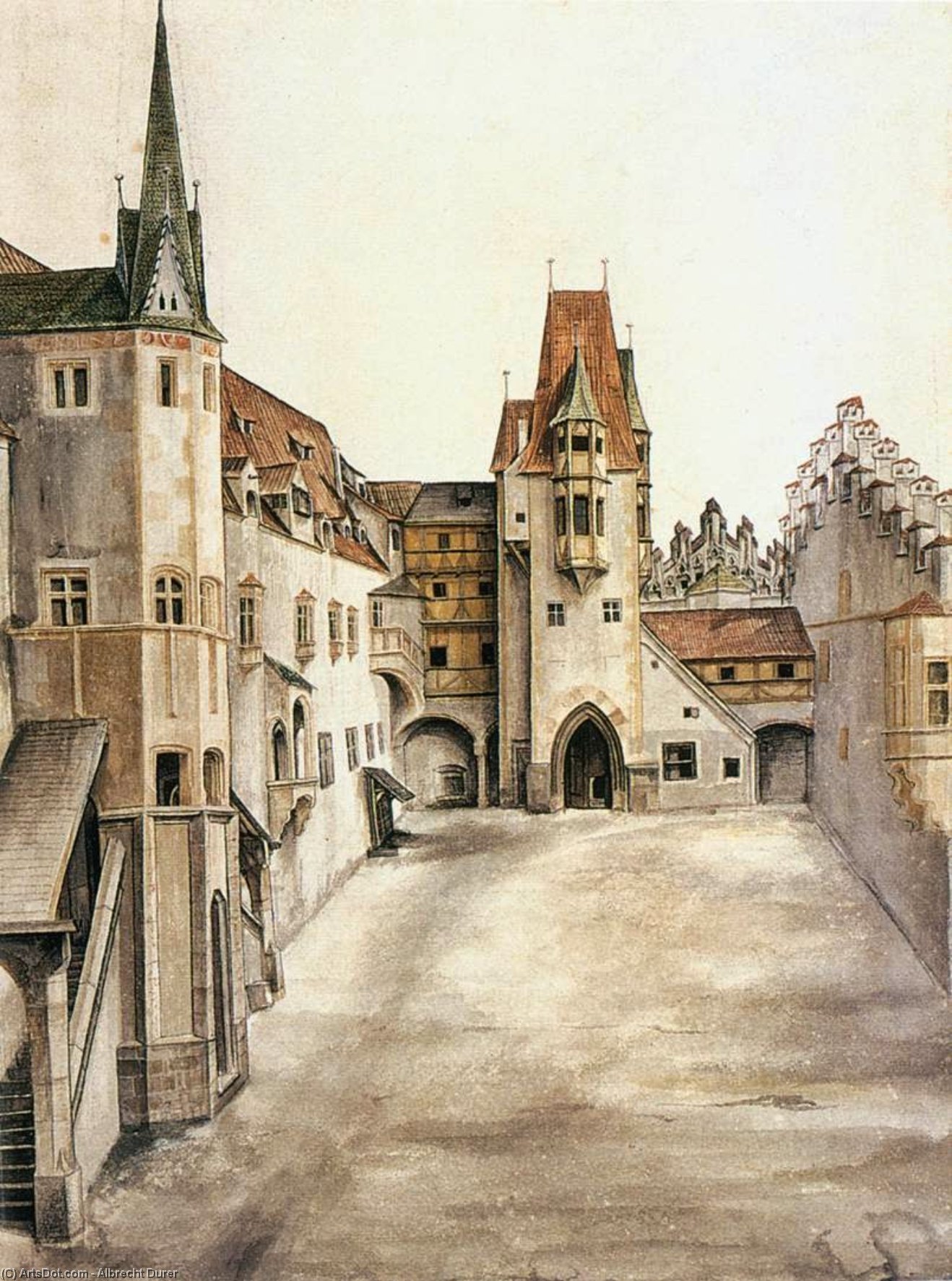 Order Paintings Reproductions Courtyard of the Former Castle in Innsbruck without Clouds, 1494 by Albrecht Durer (1471-1528, Italy) | ArtsDot.com