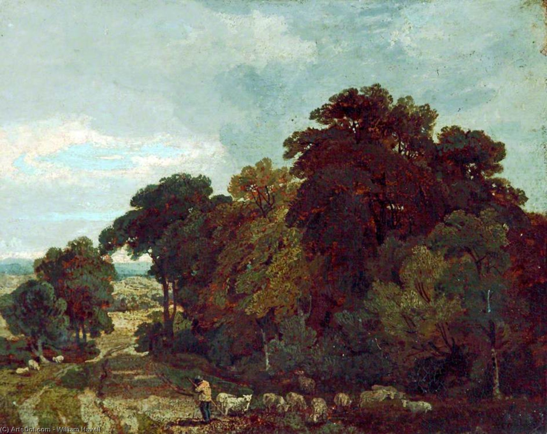 Order Oil Painting Replica Landscape With Trees, A Shepherd And His Flock by William Havell (1782-1857, United Kingdom) | ArtsDot.com