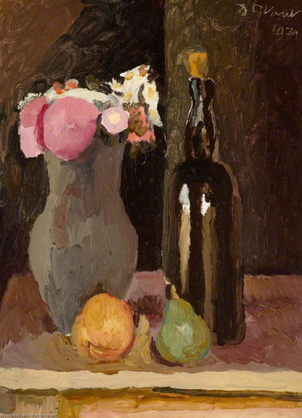 Order Oil Painting Replica Still Life Of Flowers With Bottle And Fruit by Duncan Grant (Inspired By) (1885-1978, Scotland) | ArtsDot.com