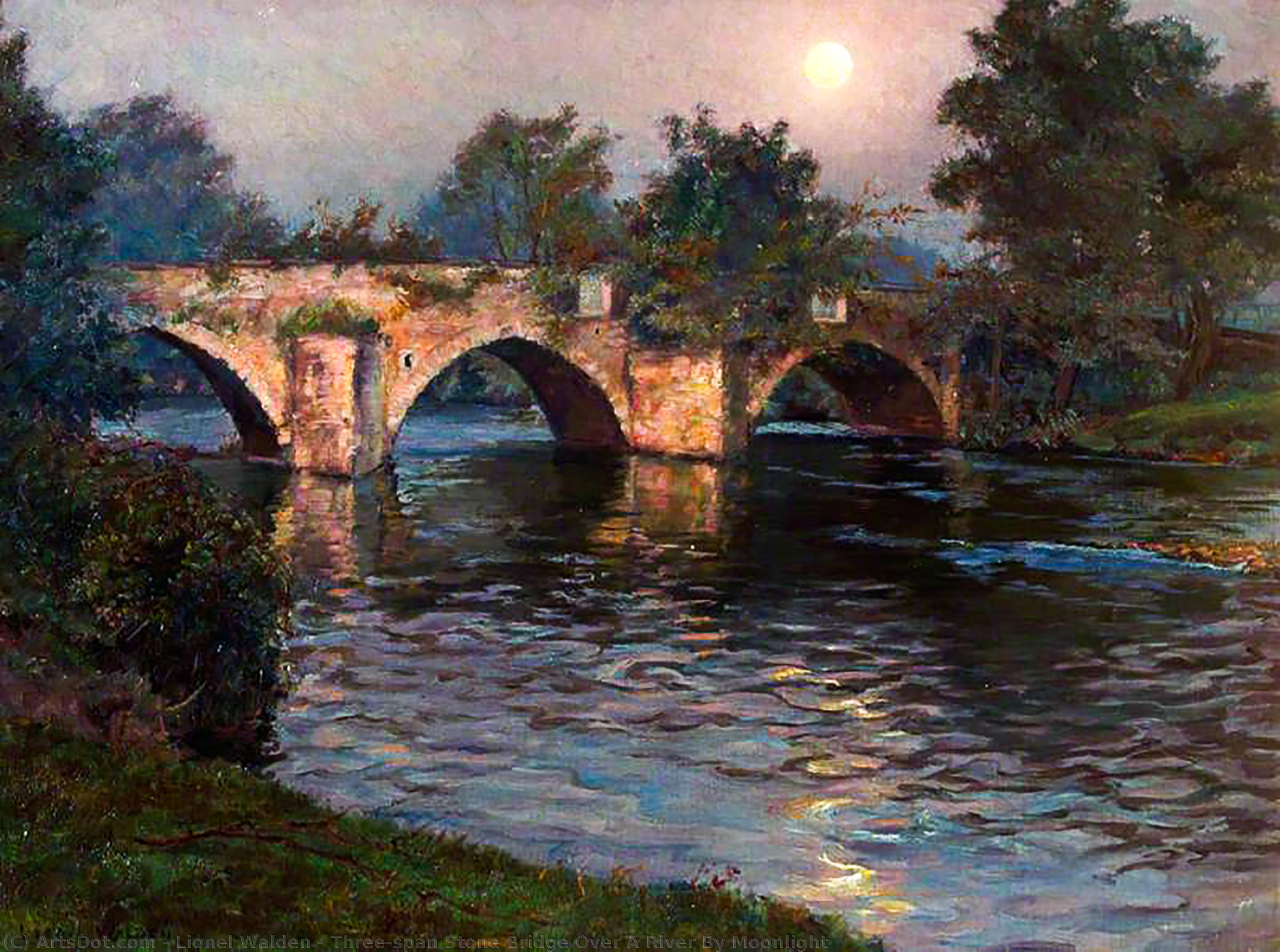 Order Oil Painting Replica Three-span Stone Bridge Over A River By Moonlight by Lionel Walden (1861-1933, United Kingdom) | ArtsDot.com