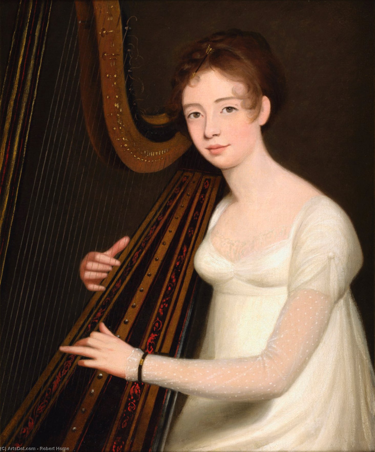 Order Paintings Reproductions Portrait Of A Young Woman Playing The Harp by Robert Home (1826-1869, United Kingdom) | ArtsDot.com
