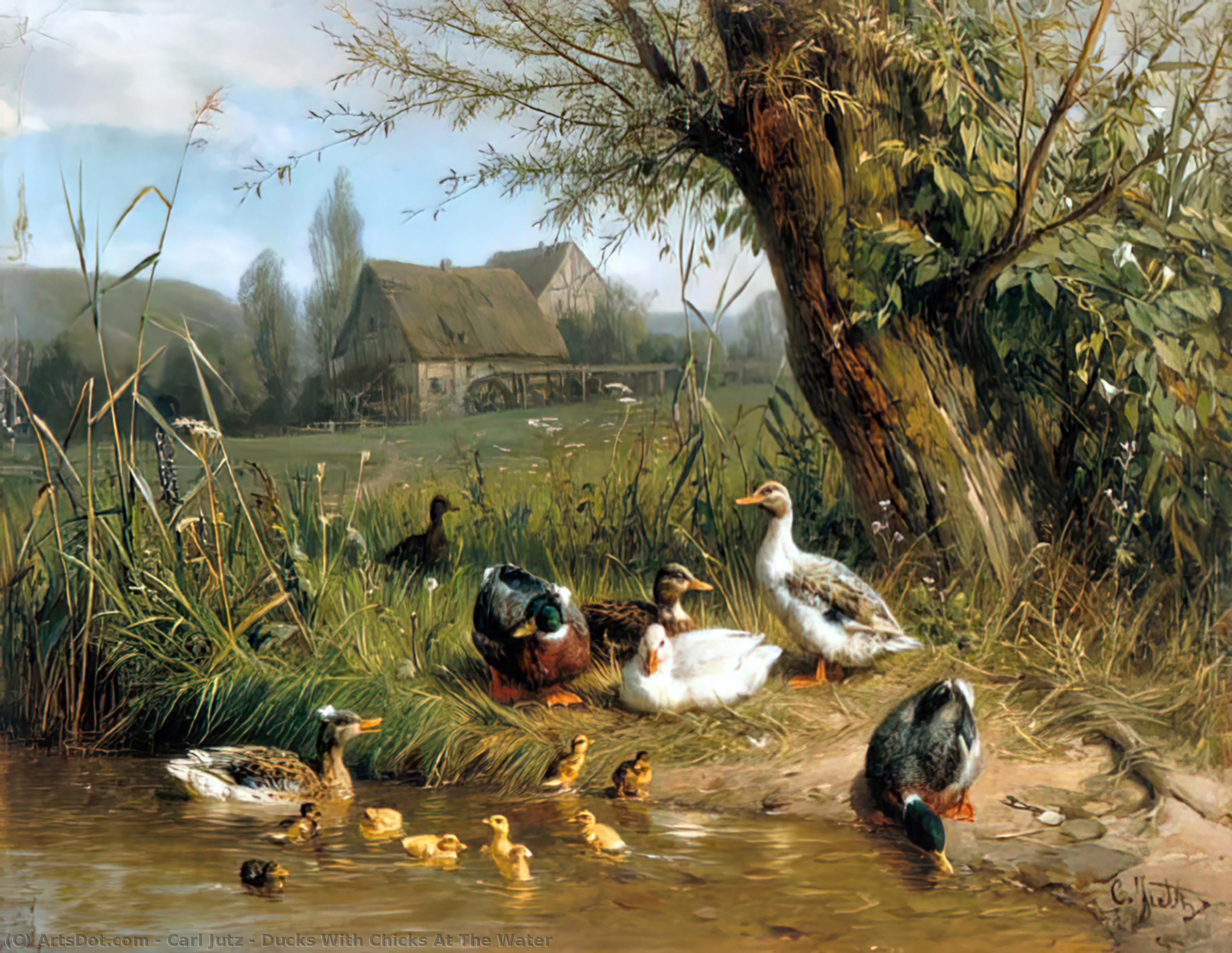Buy Museum Art Reproductions Ducks With Chicks At The Water by Carl Jutz (1838-1916, Germany) | ArtsDot.com