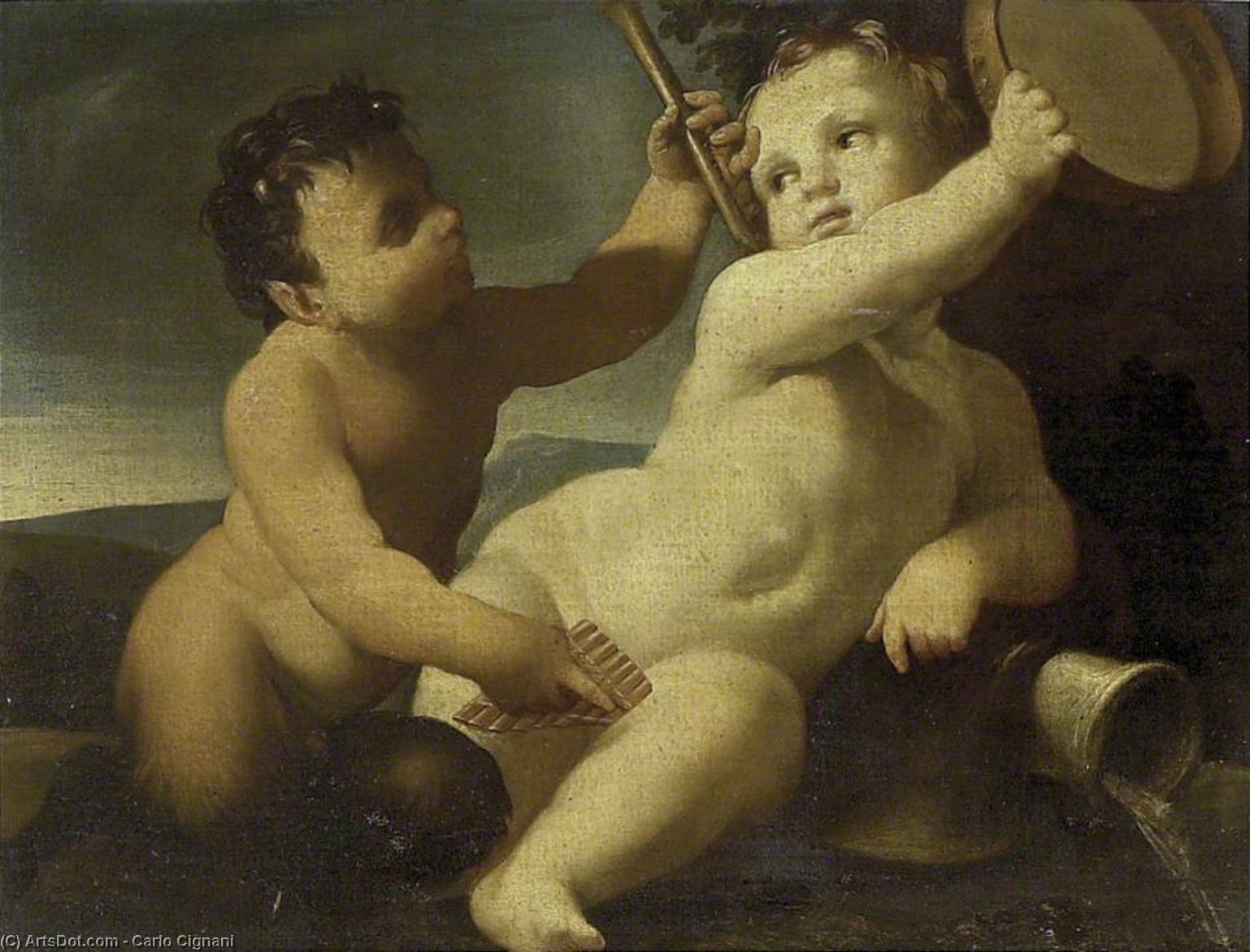 Buy Museum Art Reproductions A Putto With A Tambourine And An Infant Satyr With A Panpipe by Carlo Cignani (1628-1719, Italy) | ArtsDot.com