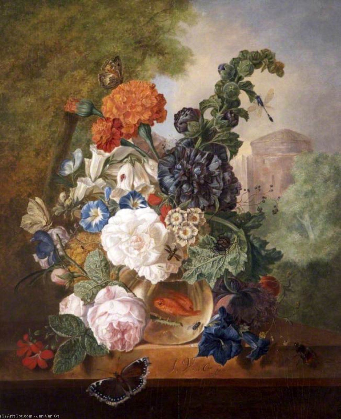 Buy Museum Art Reproductions Flowers In A Goldfish Bowl In A Landscape With A Tower by Jan Van Os (1744-1808, Netherlands) | ArtsDot.com