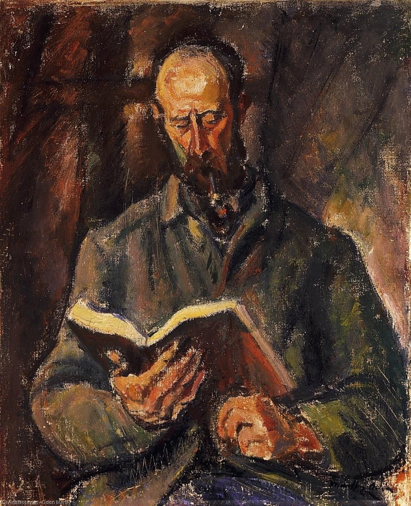 Order Oil Painting Replica Man Smoking A Pipe And With A Book by Odon Marffy (Inspired By) (1878-1959, Hungary) | ArtsDot.com