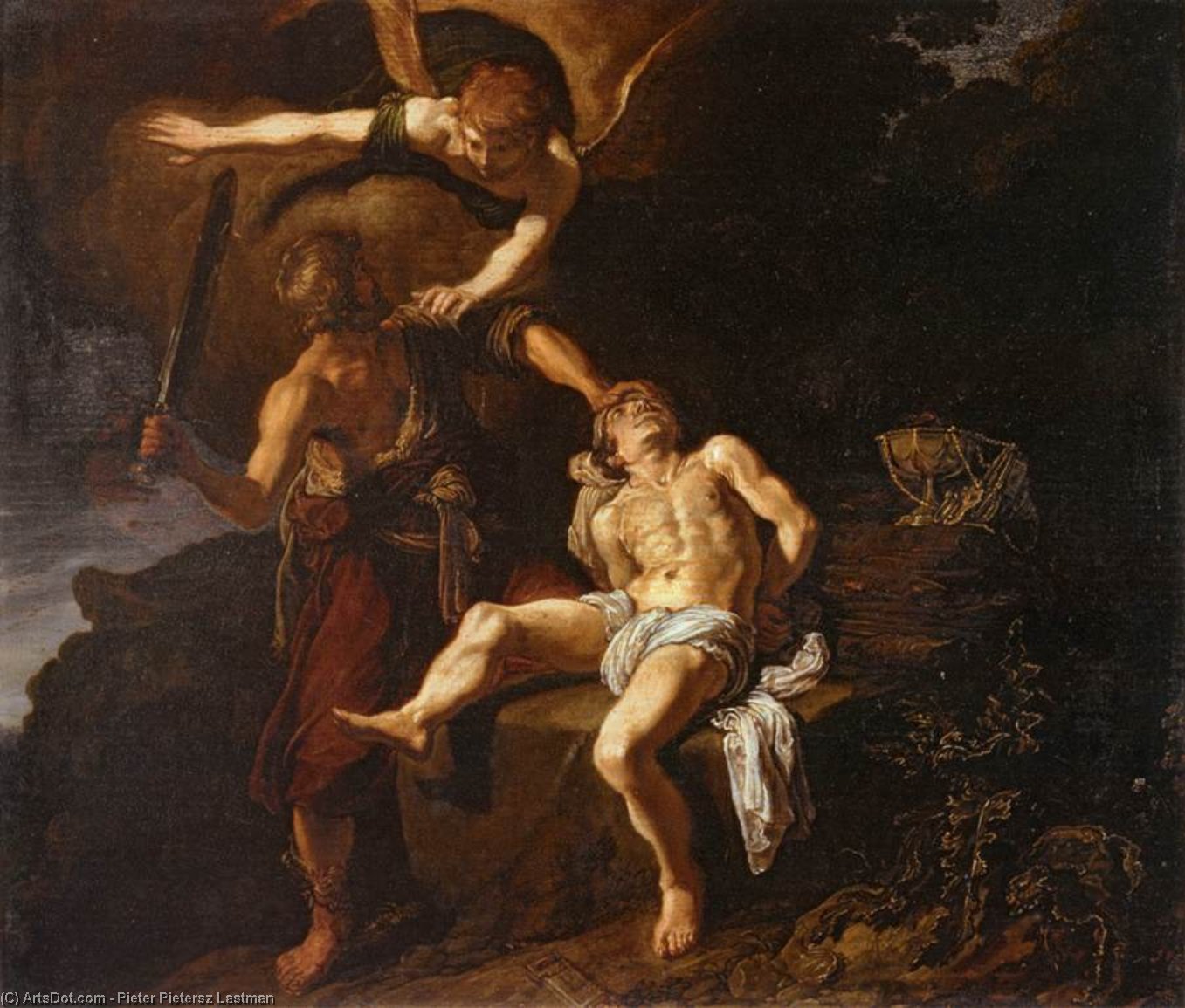 Order Artwork Replica The Angel Of The Lord Preventing Abraham From Sacrificing His Son Isaac by Pieter Pietersz Lastman (1583-1633, Dutch Empire) | ArtsDot.com