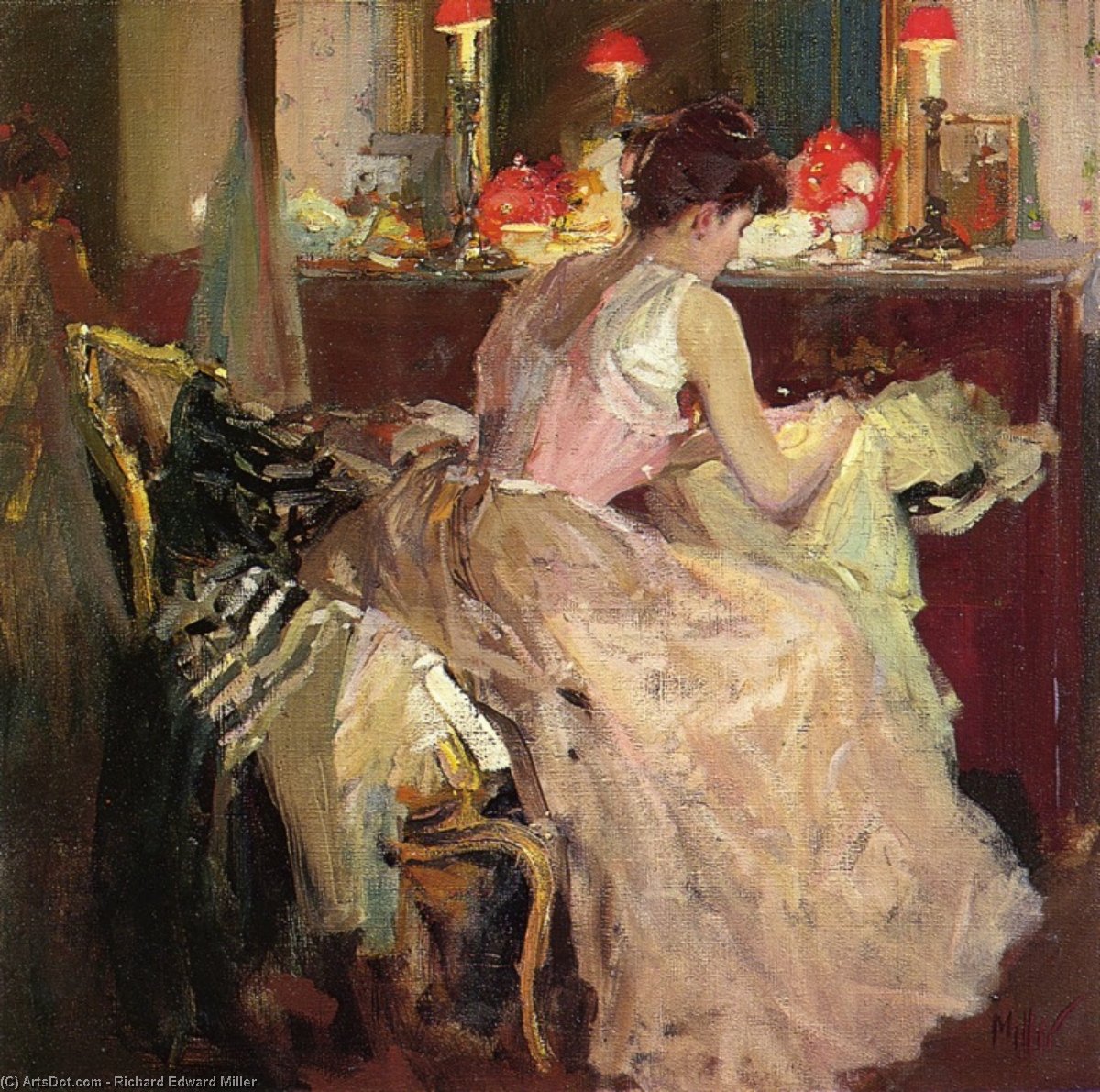 Order Paintings Reproductions Sewing By Lamp Light by Richard Edward Miller (1875-1943, United States) | ArtsDot.com