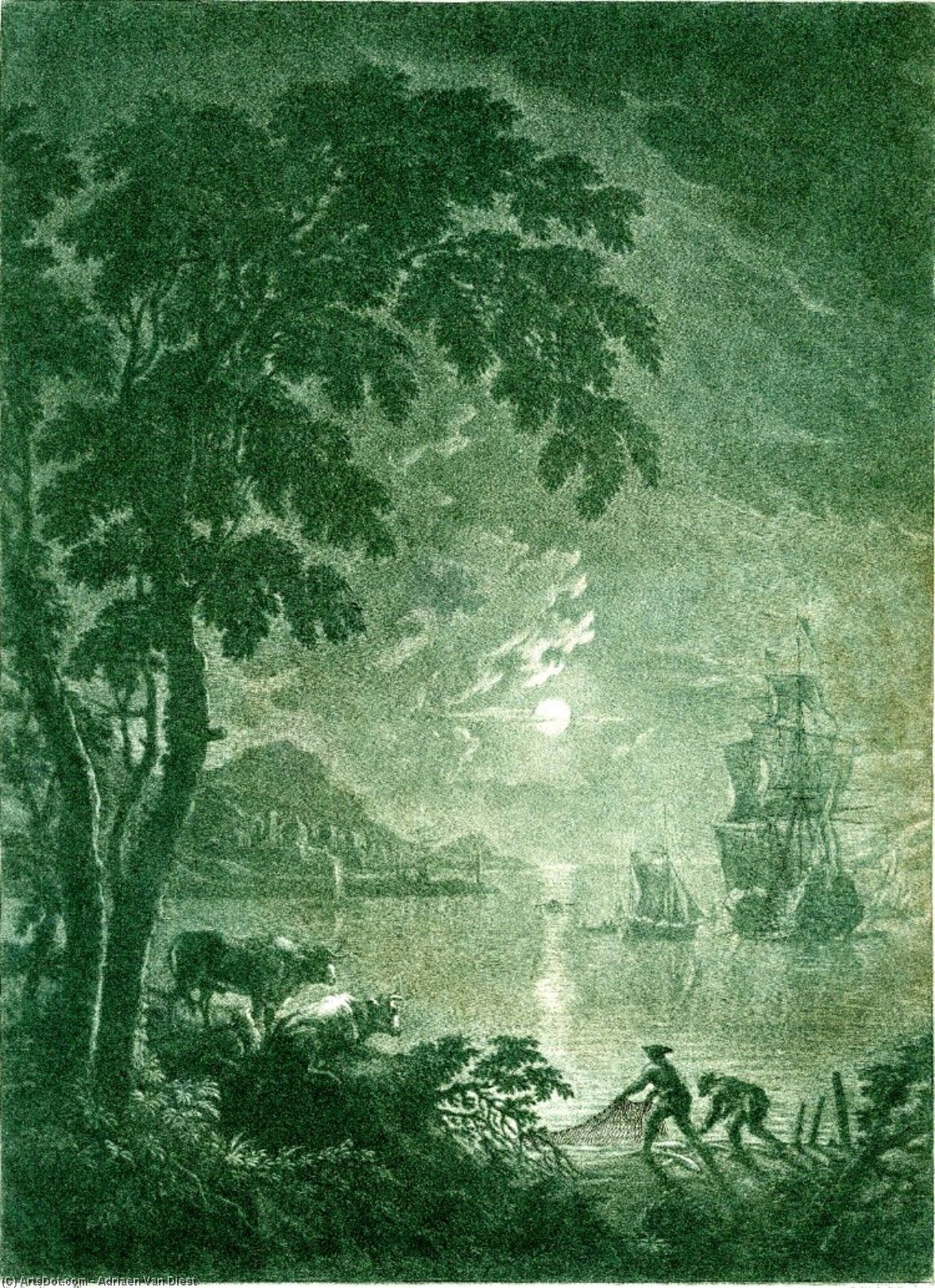 Order Art Reproductions Landscape, Moonlit View Of A Strech Of Calm Water With A Ship To Right And Smaller Boats Around It by Adriaen Van Diest (1589-1662, Netherlands) | ArtsDot.com