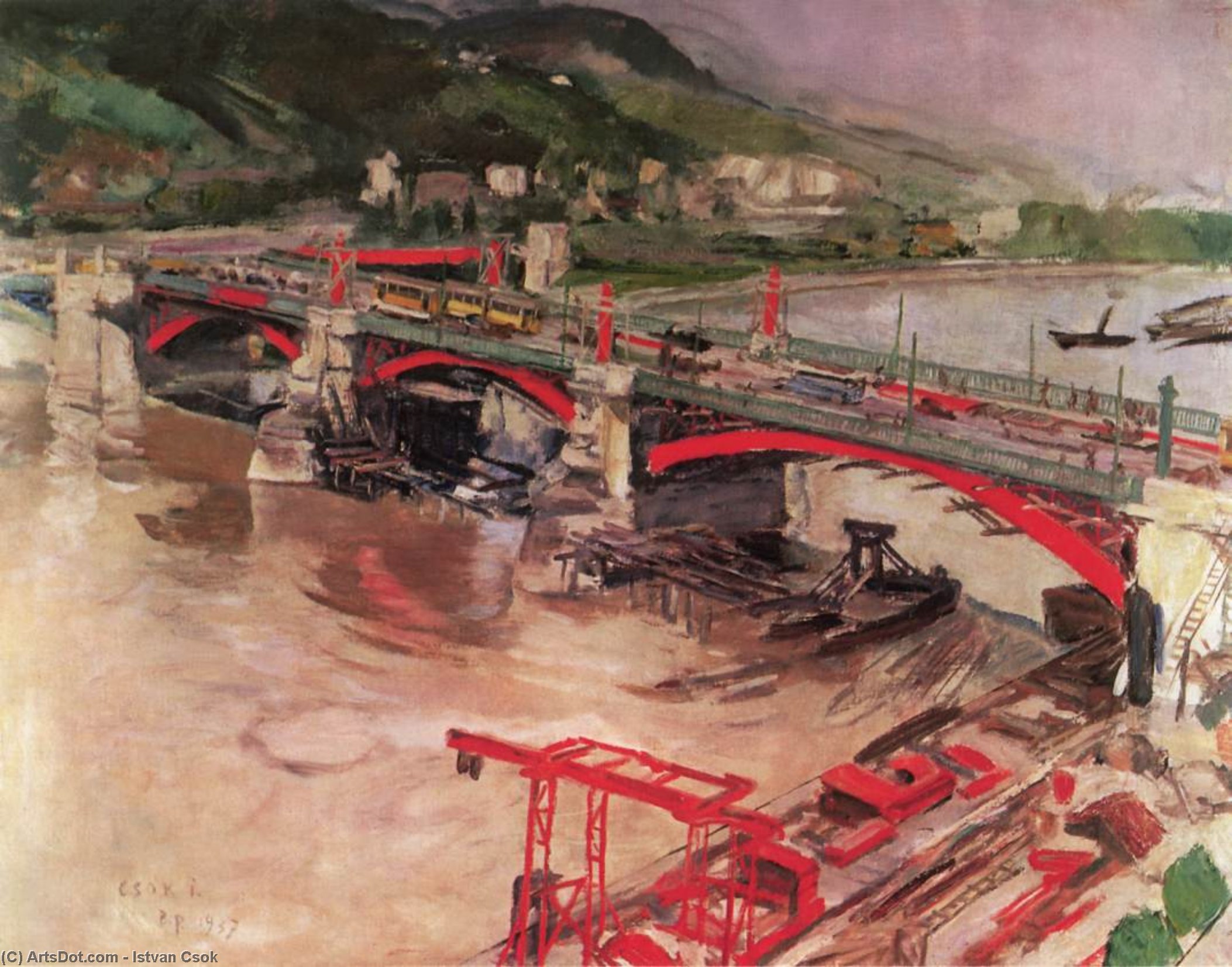 Order Oil Painting Replica Rebuilding Margaret Bridge by Istvan Csok (Inspired By) (1865-1961, Hungary) | ArtsDot.com