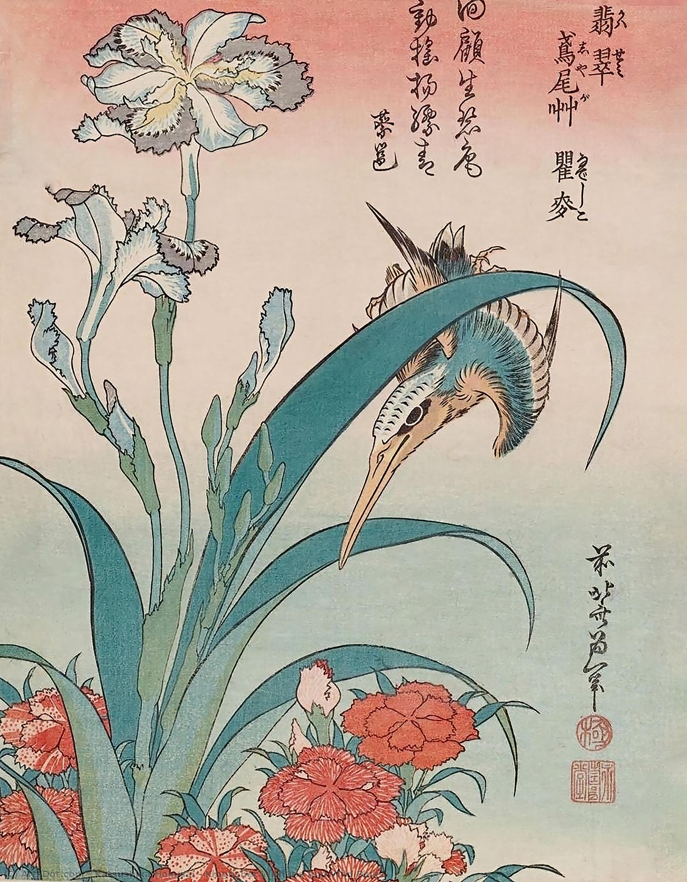 Order Paintings Reproductions Kingfisher With Iris And Wild Pinks by Katsushika Hokusai (1760-1849, Japan) | ArtsDot.com