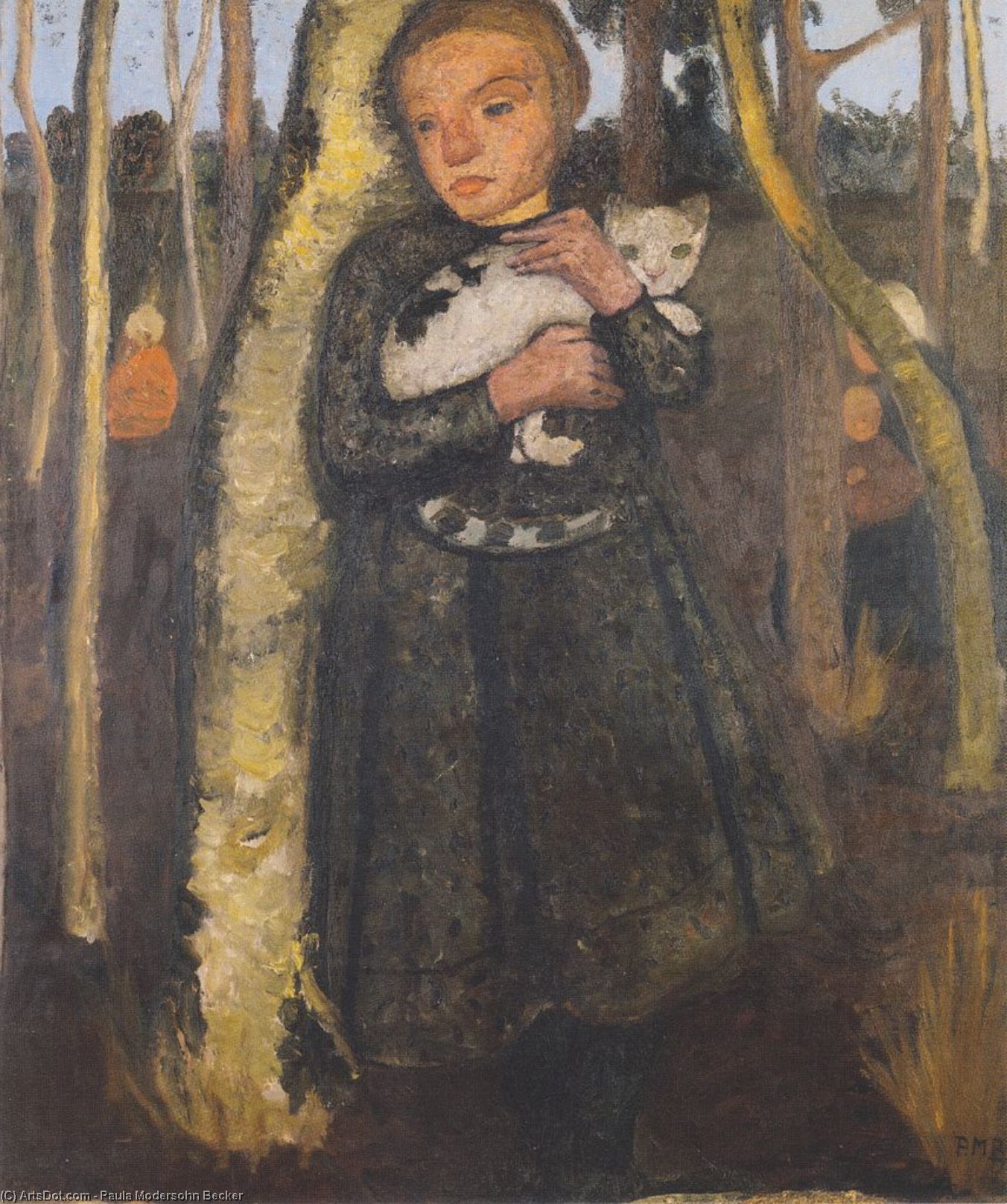 Order Oil Painting Replica Girl With Cat In The Birch Forest by Paula Modersohn Becker (1876-1907, Germany) | ArtsDot.com