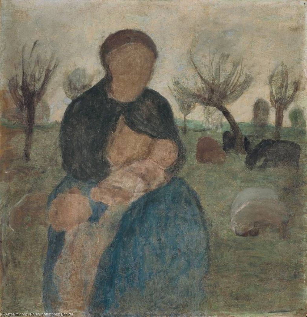 Order Oil Painting Replica Mother With Baby At Her Breast And Child In Landscape by Paula Modersohn Becker (1876-1907, Germany) | ArtsDot.com