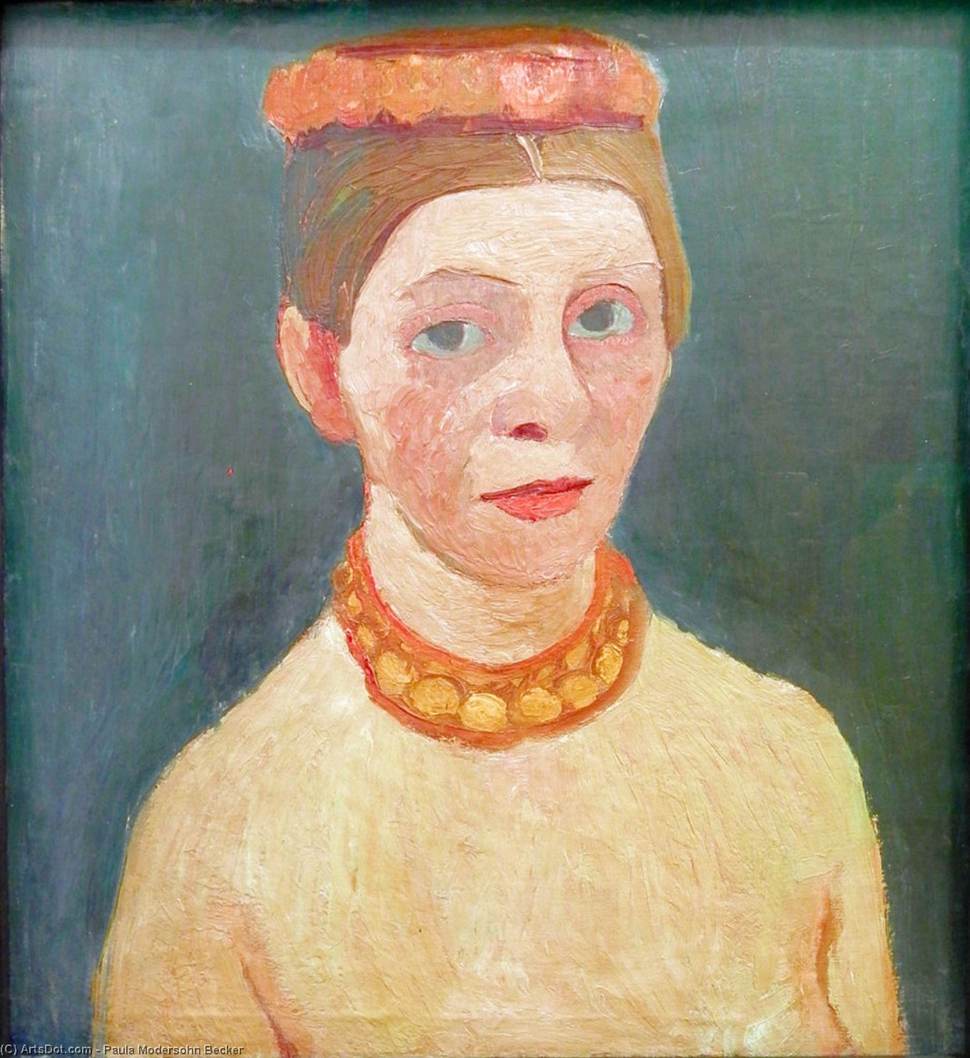 Order Paintings Reproductions Self-portrait With Red Flower Wreath And Necklace by Paula Modersohn Becker (1876-1907, Germany) | ArtsDot.com