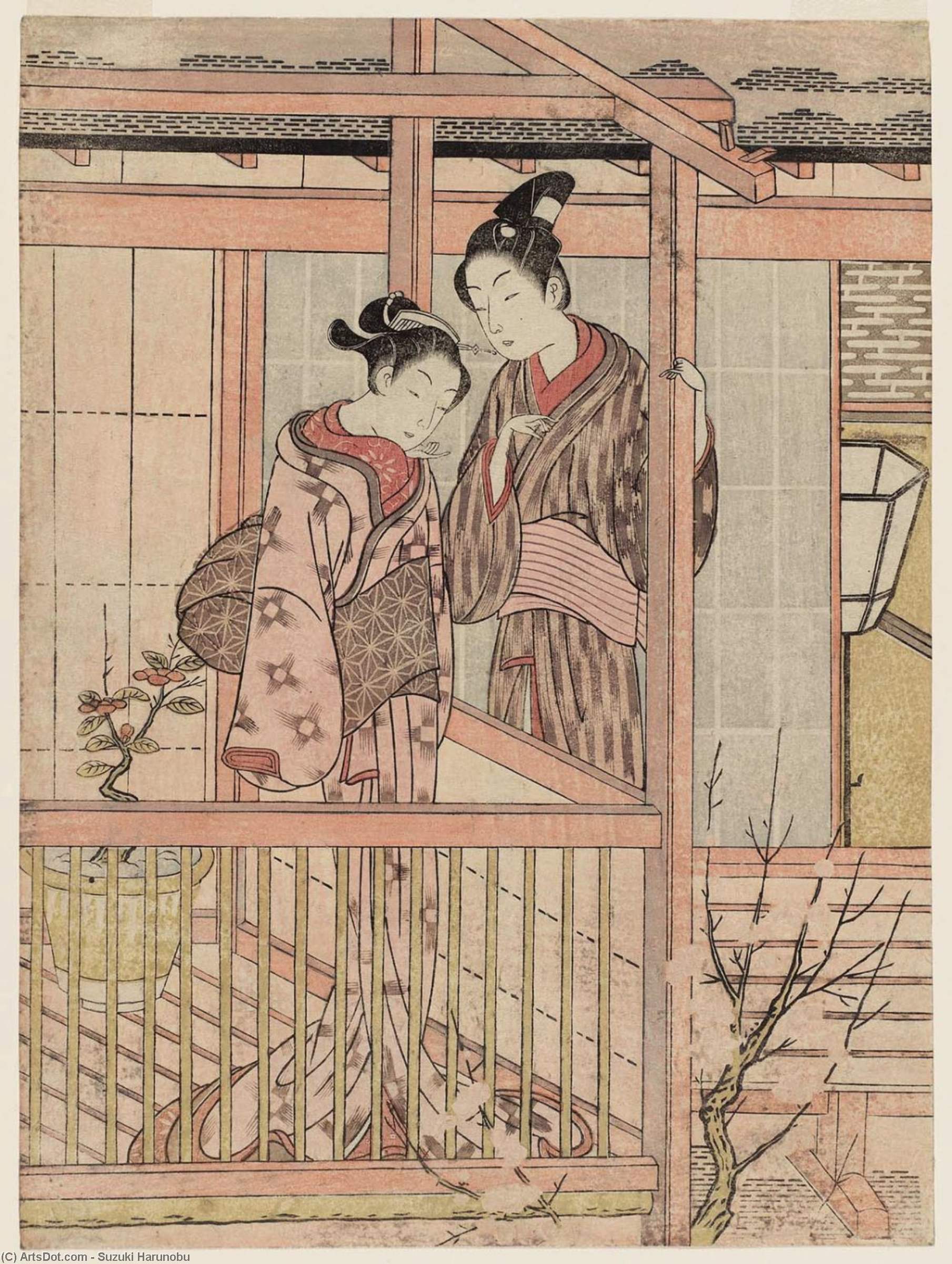Order Oil Painting Replica Couple On A Drying Platform by Suzuki Harunobu (1725-1770, Japan) | ArtsDot.com