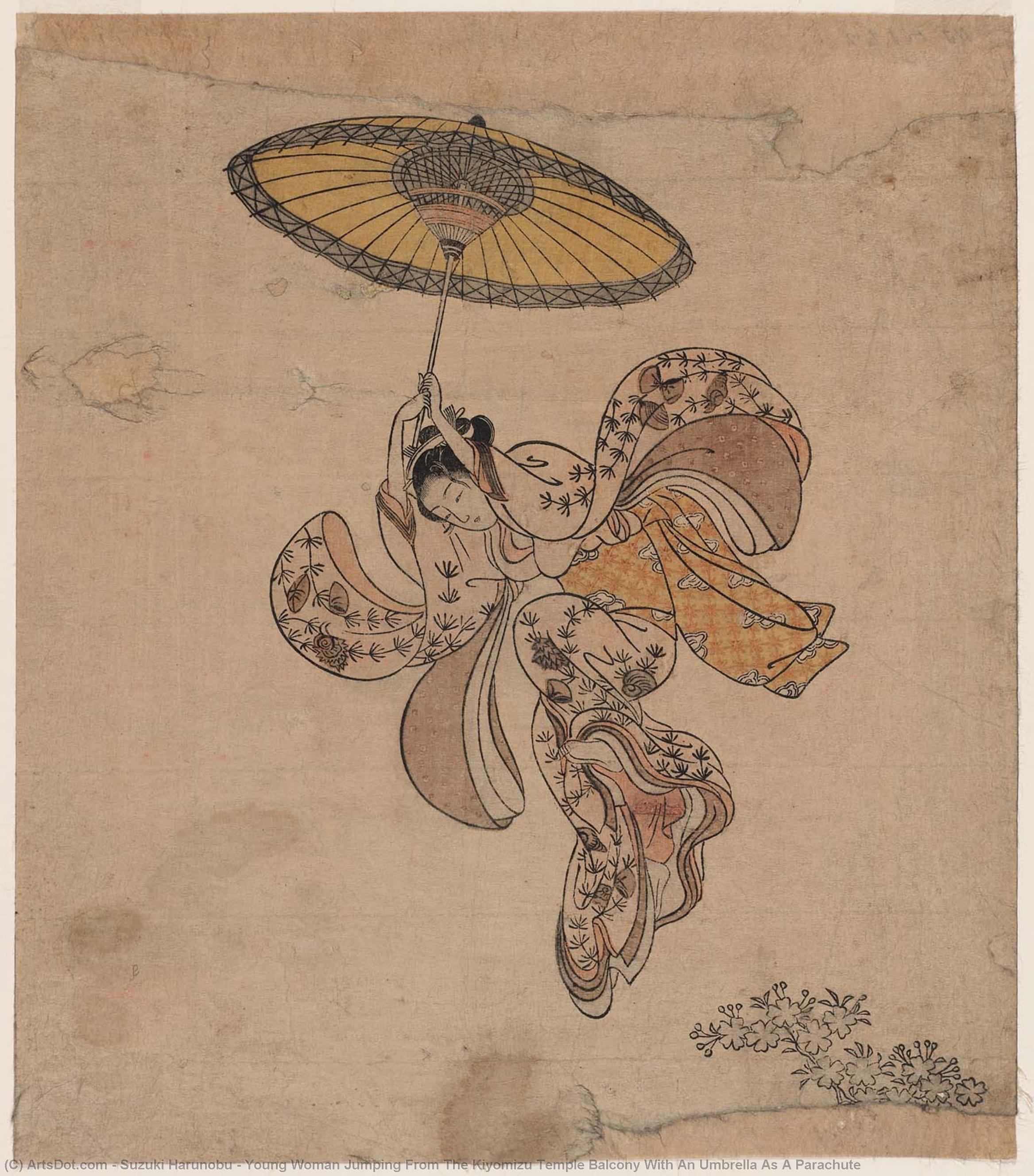 Order Paintings Reproductions Young Woman Jumping From The Kiyomizu Temple Balcony With An Umbrella As A Parachute by Suzuki Harunobu (1725-1770, Japan) | ArtsDot.com