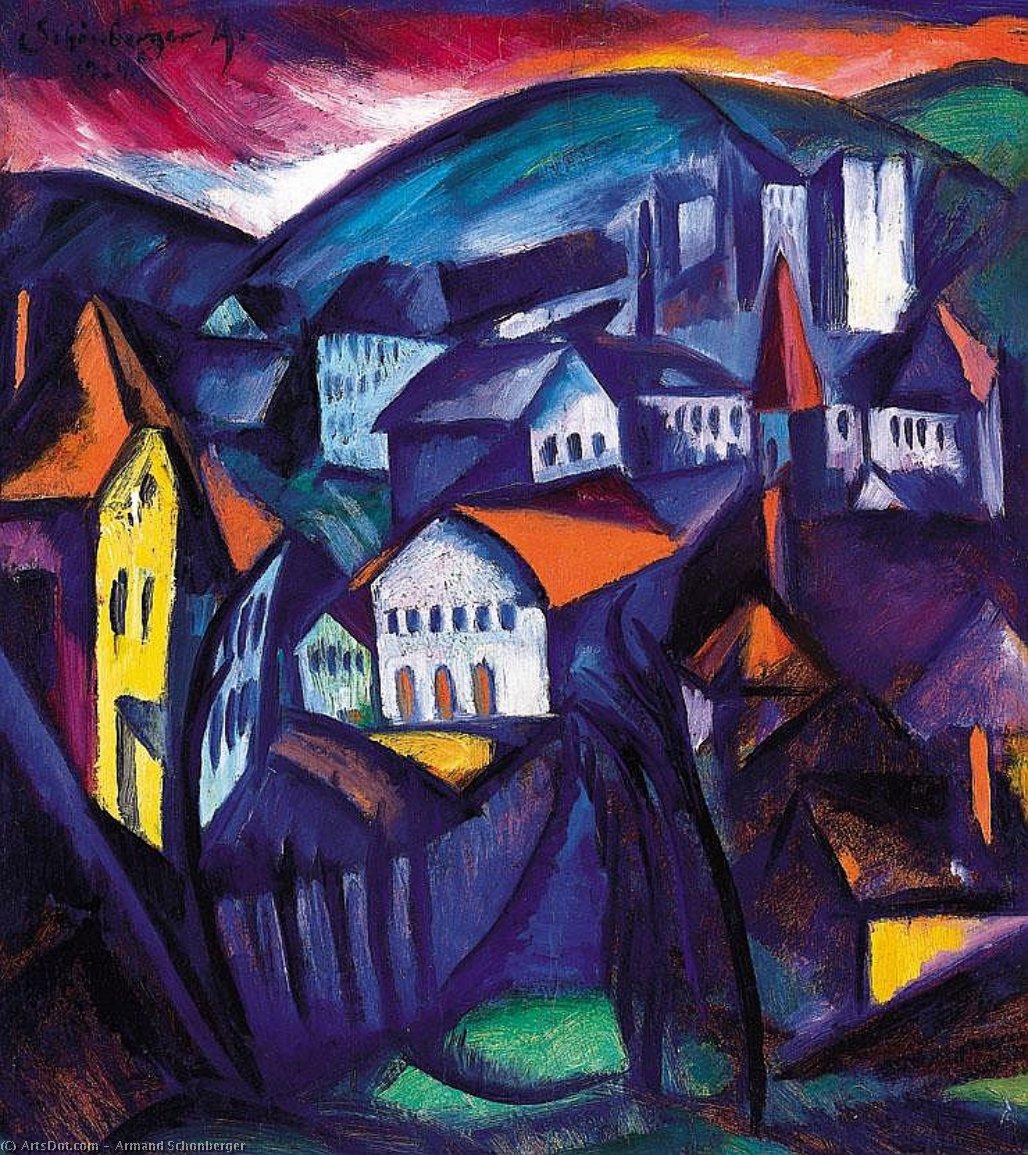Order Paintings Reproductions Hilly Landscape With Houses by Armand Schonberger (Inspired By) (1885-1974) | ArtsDot.com