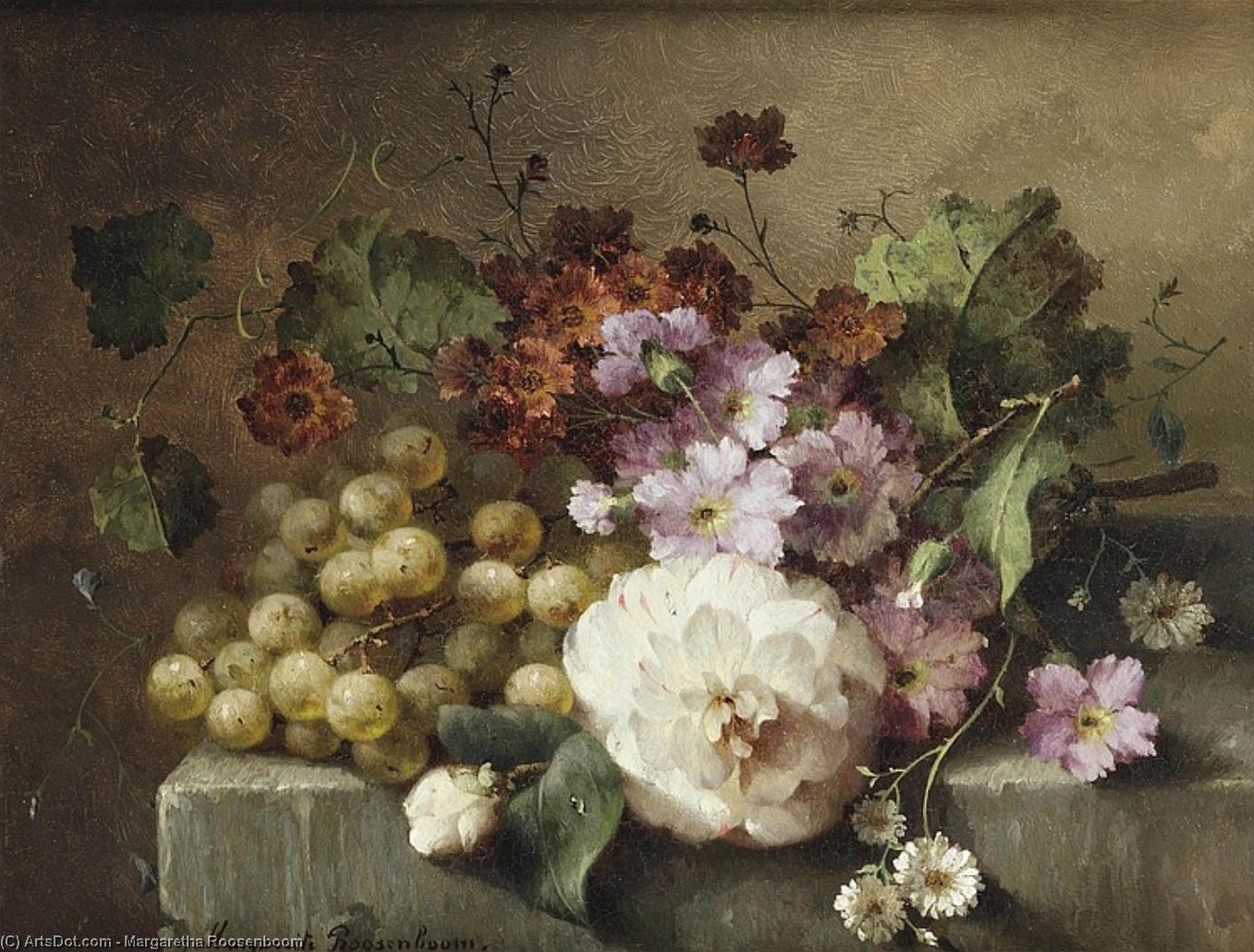 Buy Museum Art Reproductions A Camellia, Carnations, Grapes And Other Flowers On A Marble Ledge by Margaretha Roosenboom (1843-1896, Netherlands) | ArtsDot.com