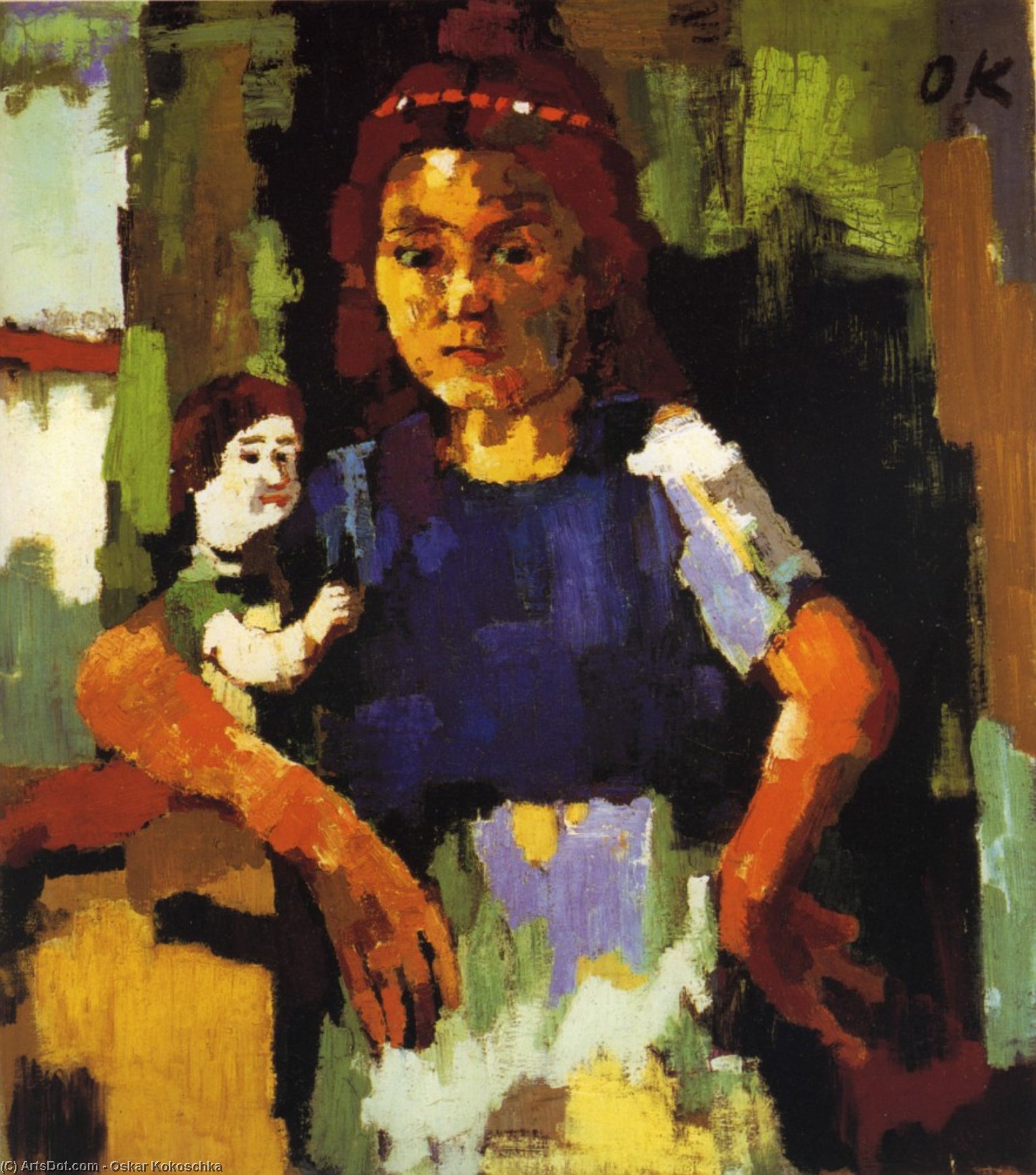 Order Oil Painting Replica Fillette à la poupée, Young girl with the headstock , Huile sur Toile, by Oskar Kokoschka (Inspired By) (1886-1980, Croatia) | ArtsDot.com